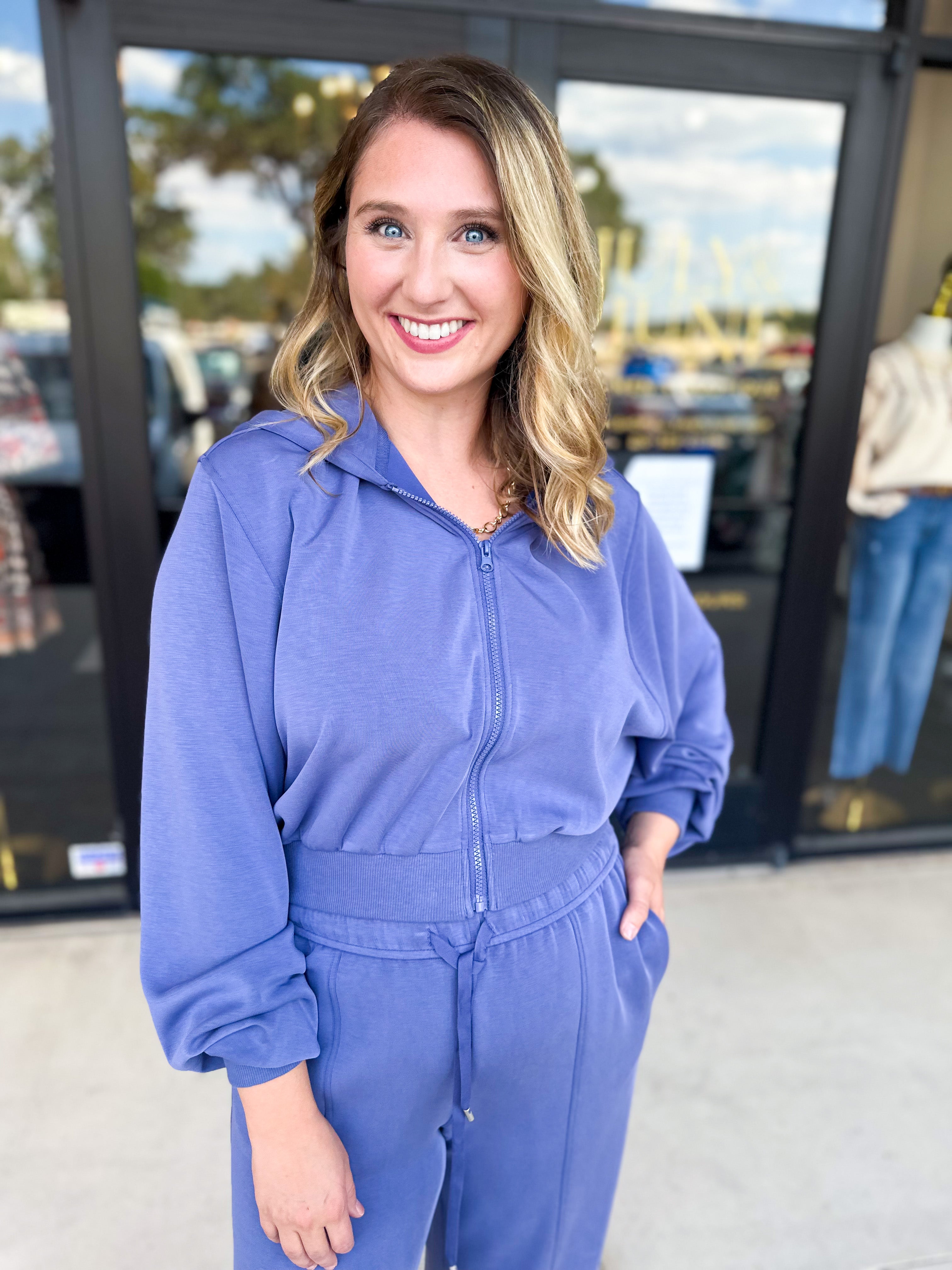 Soft Modal Hooded Jacket - Denim Blue-300 Athleisure/Lounge-SKIES ARE BLUE-July & June Women's Fashion Boutique Located in San Antonio, Texas