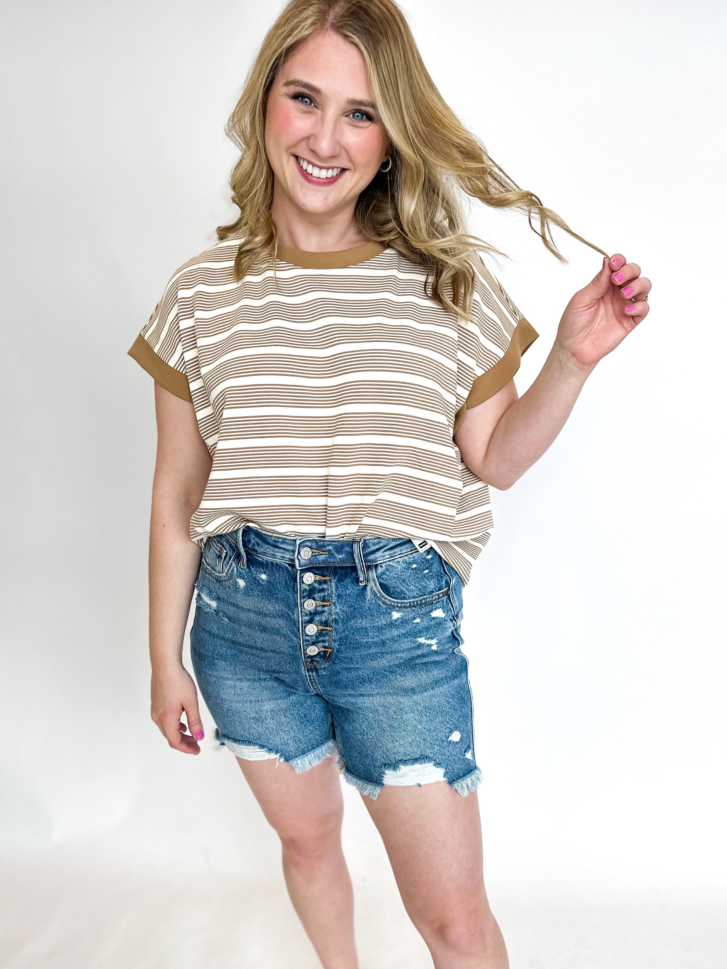 Breezy Striped Tee - Sand-210 Casual Blouses-ENTRO-July & June Women's Fashion Boutique Located in San Antonio, Texas