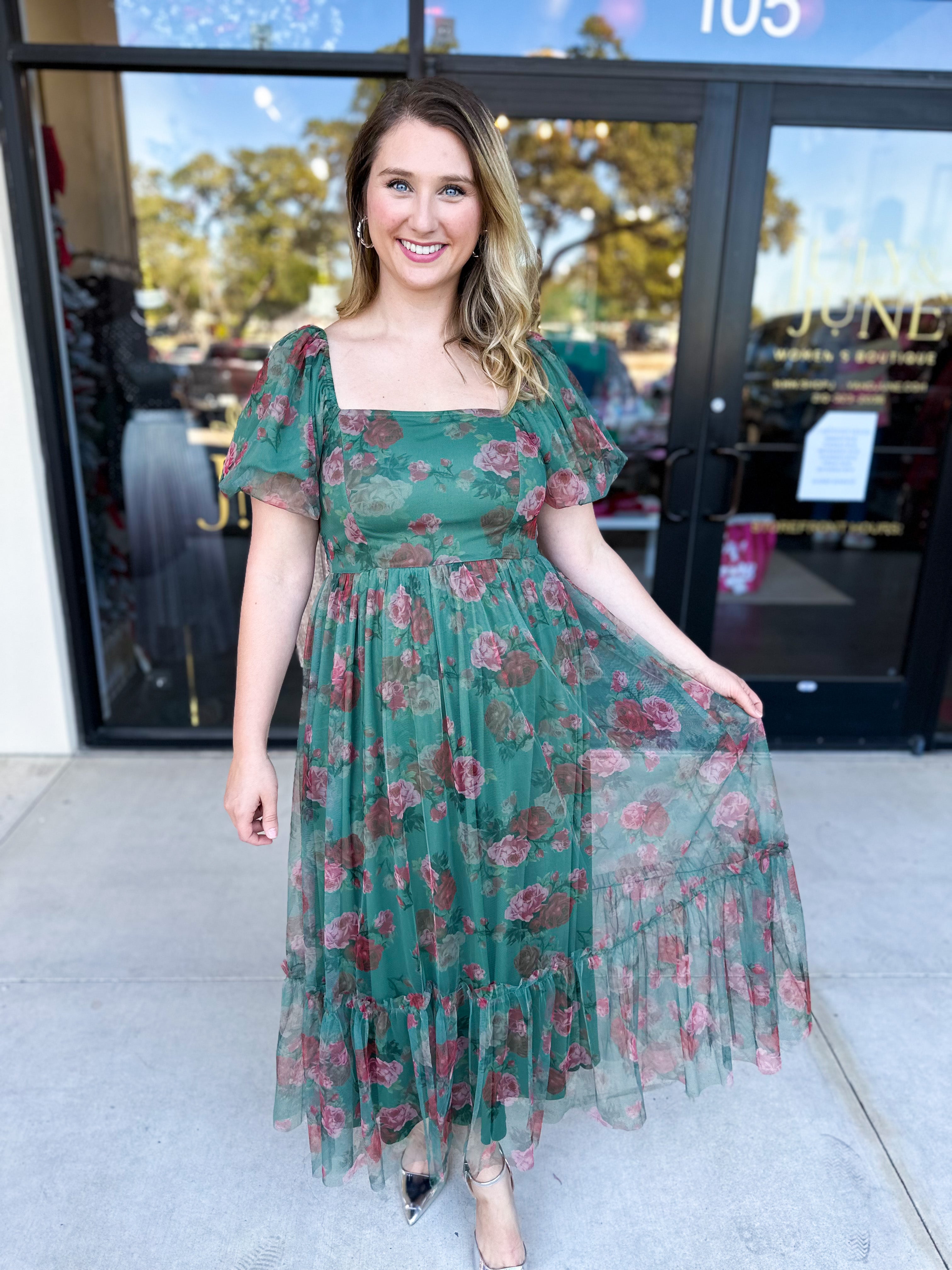 Hunter Green Garden Midi Dress-500 Midi-POLOGRAM-July & June Women's Fashion Boutique Located in San Antonio, Texas