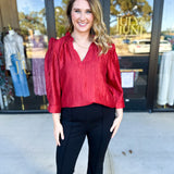 THML - Cherry Red Sheen Blouse-200 Fashion Blouses-THML-July & June Women's Fashion Boutique Located in San Antonio, Texas