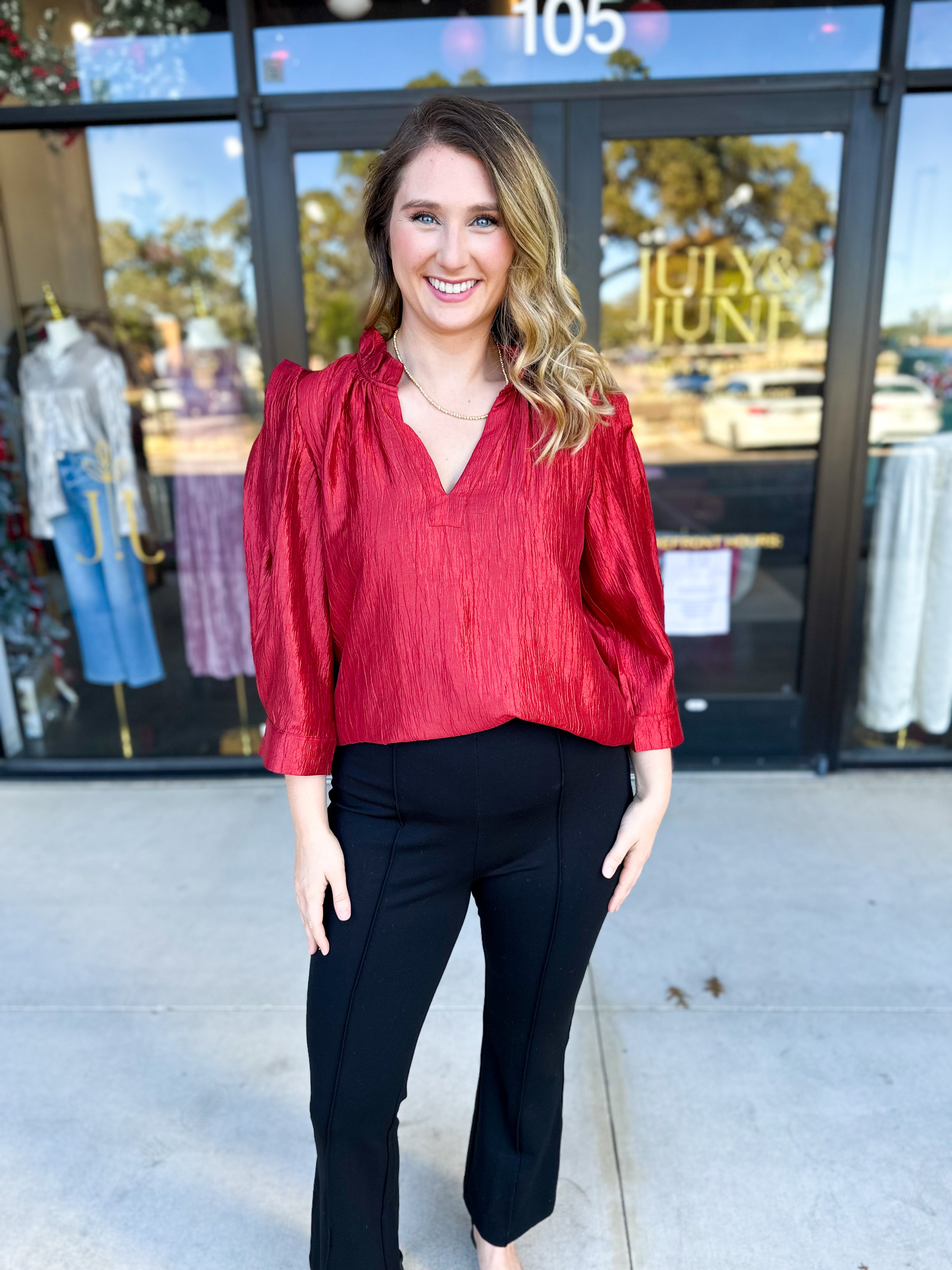 THML - Cherry Red Sheen Blouse-200 Fashion Blouses-THML-July & June Women's Fashion Boutique Located in San Antonio, Texas