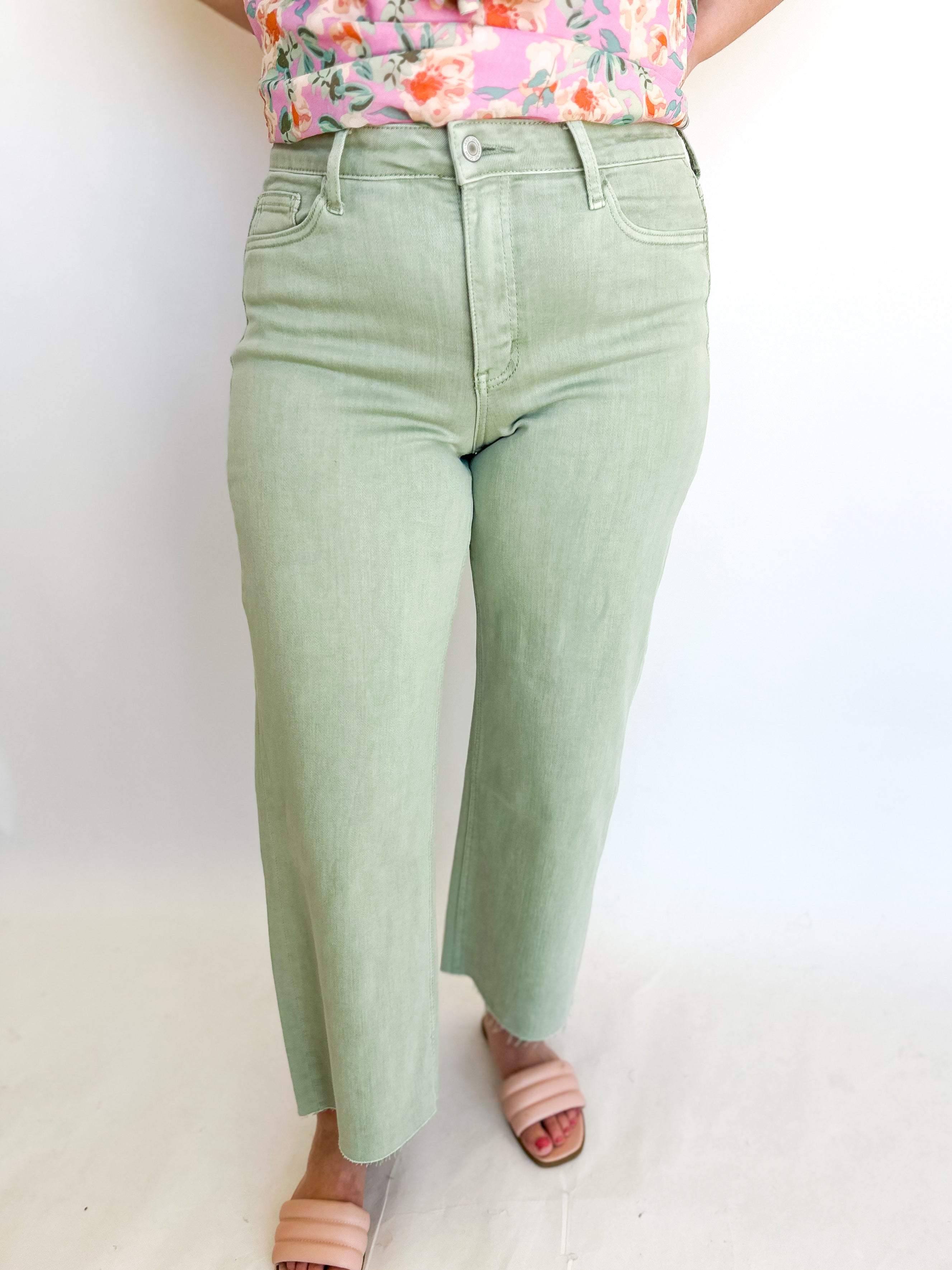 Vervet Sage Cropped Wide Leg Jeans-400 Pants-VEVERT BY FLYING MONKEY-July & June Women's Fashion Boutique Located in San Antonio, Texas