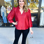 THML - Cherry Red Sheen Blouse-200 Fashion Blouses-THML-July & June Women's Fashion Boutique Located in San Antonio, Texas