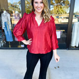THML - Cherry Red Sheen Blouse-200 Fashion Blouses-THML-July & June Women's Fashion Boutique Located in San Antonio, Texas