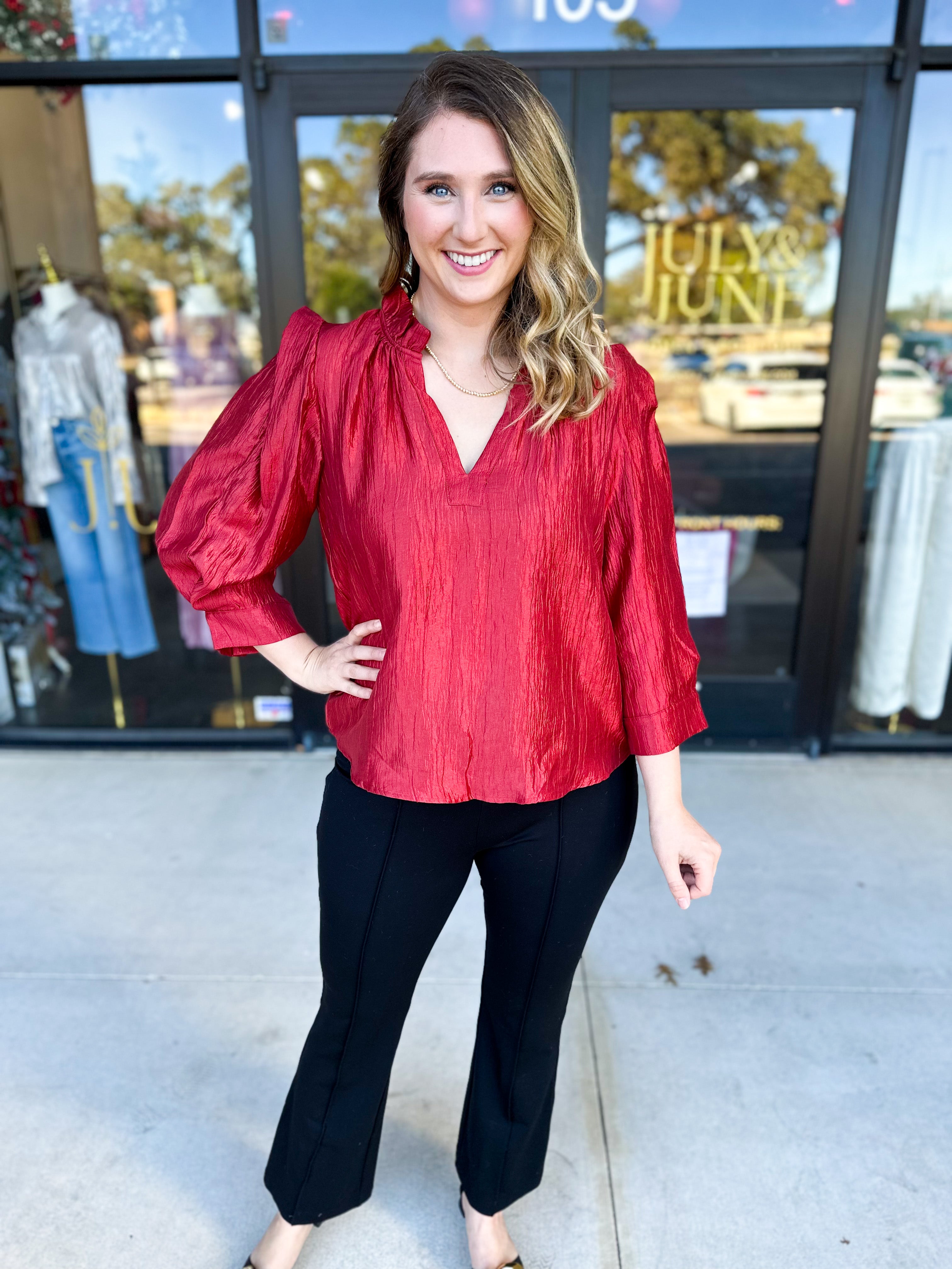 THML - Cherry Red Sheen Blouse-200 Fashion Blouses-THML-July & June Women's Fashion Boutique Located in San Antonio, Texas