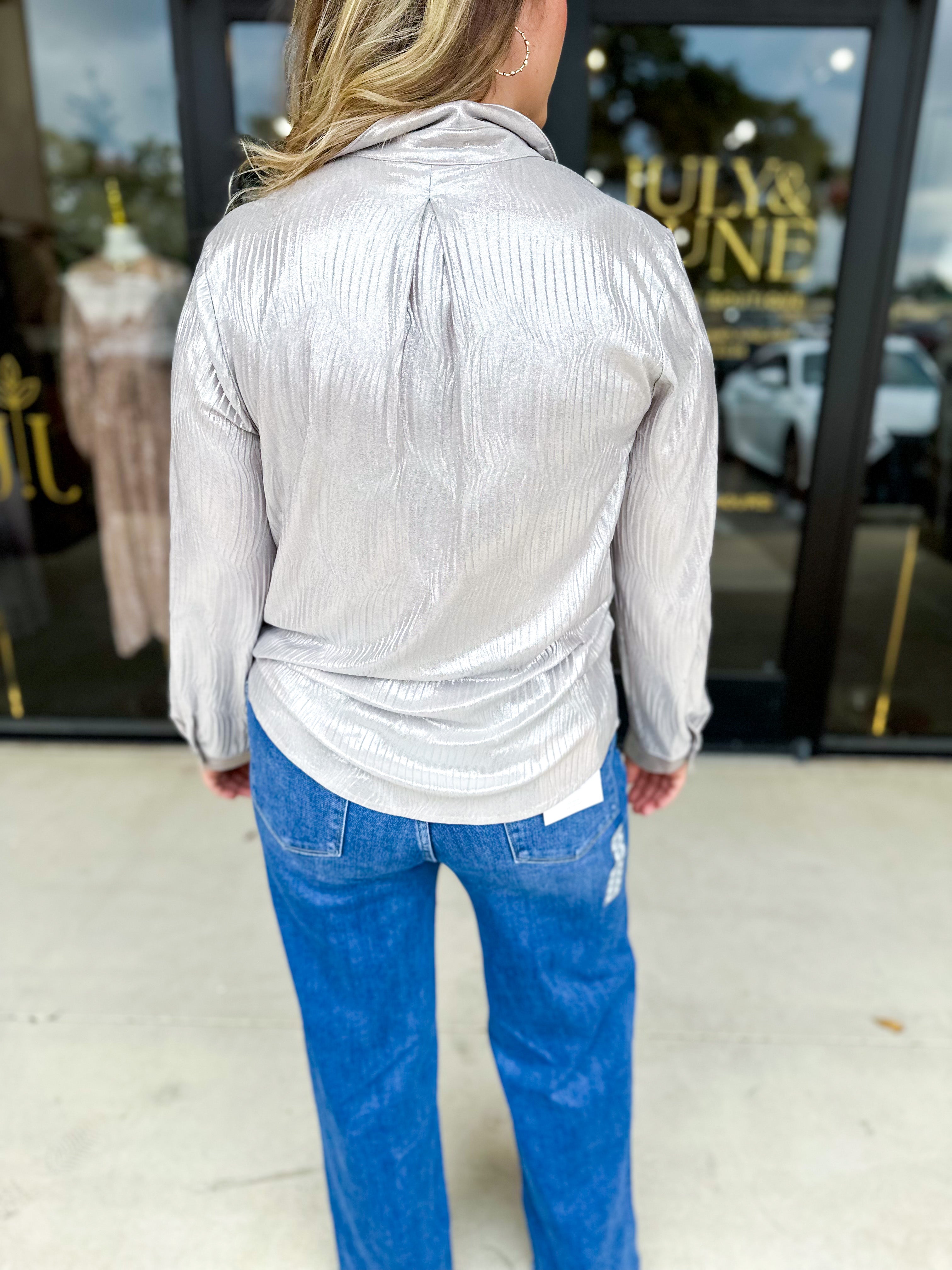Shimmer Button Down Blouse - Silver Mist-200 Fashion Blouses-ALLIE ROSE-July & June Women's Fashion Boutique Located in San Antonio, Texas
