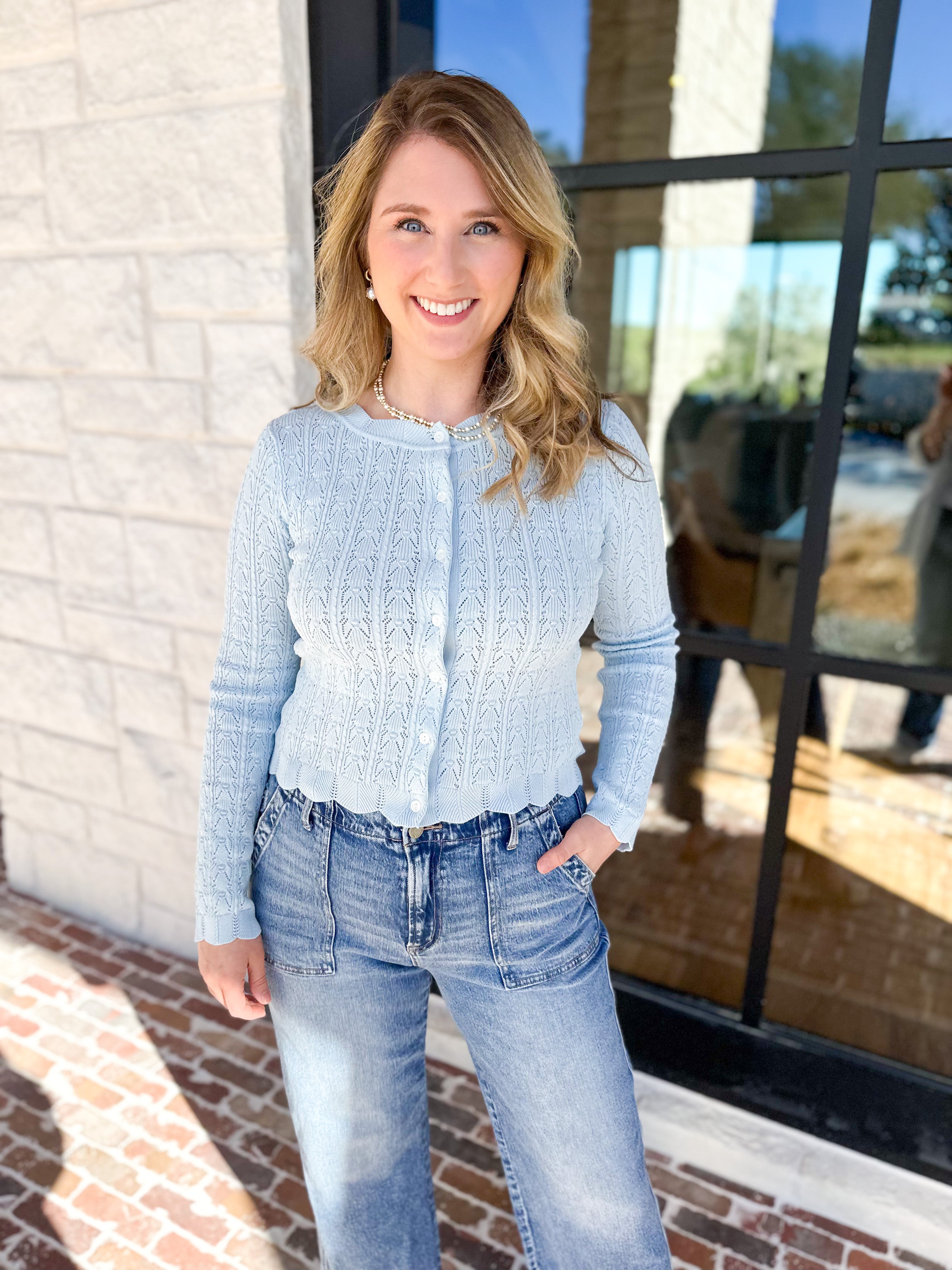 Pointelle Cardigan - Soft Blue-230 Sweaters/Cardis-ALLIE ROSE-July & June Women's Fashion Boutique Located in San Antonio, Texas