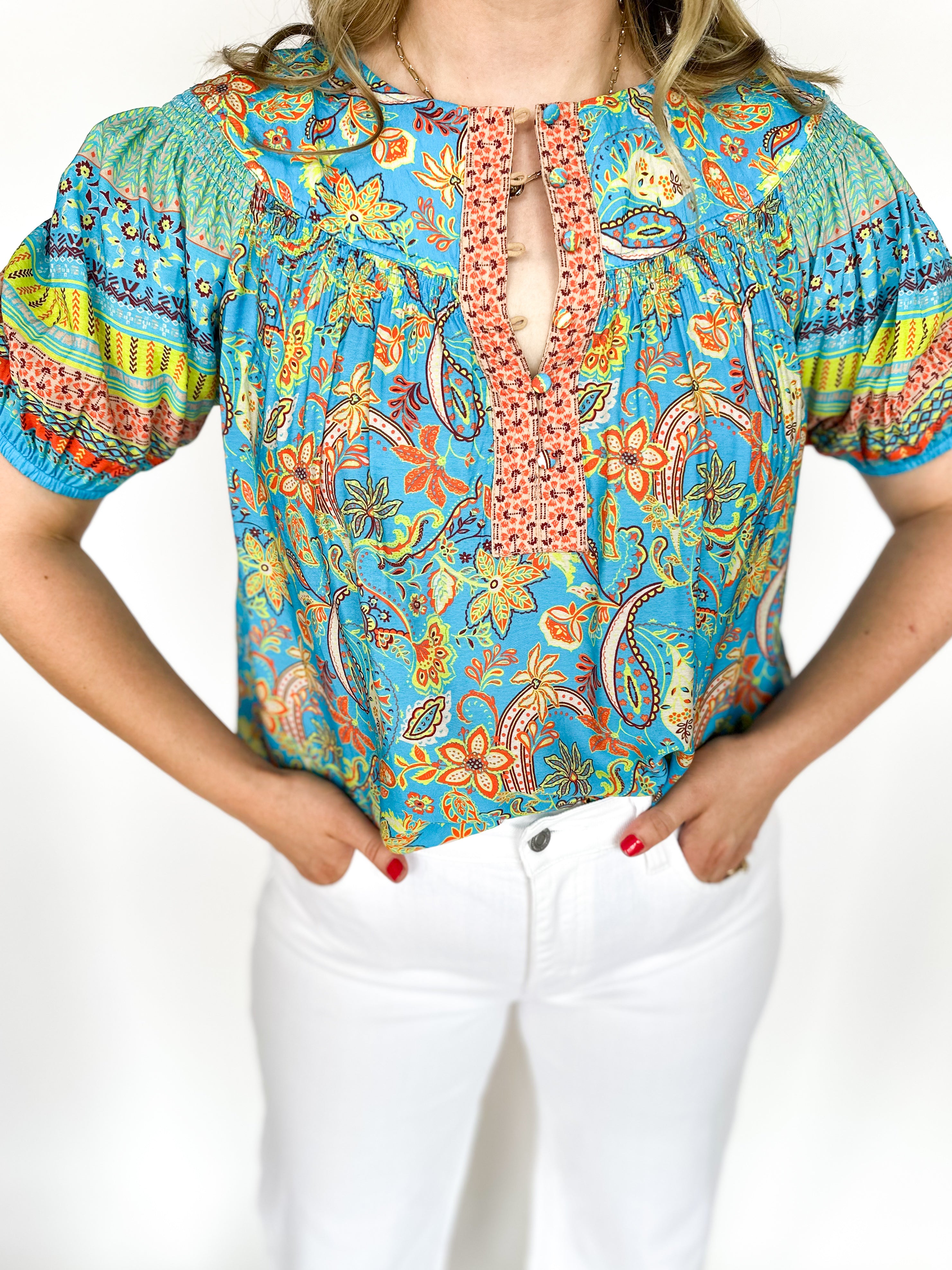 Paisley Border Print Blouse-200 Fashion Blouses-CURRENT AIR CLOTHING-July & June Women's Fashion Boutique Located in San Antonio, Texas