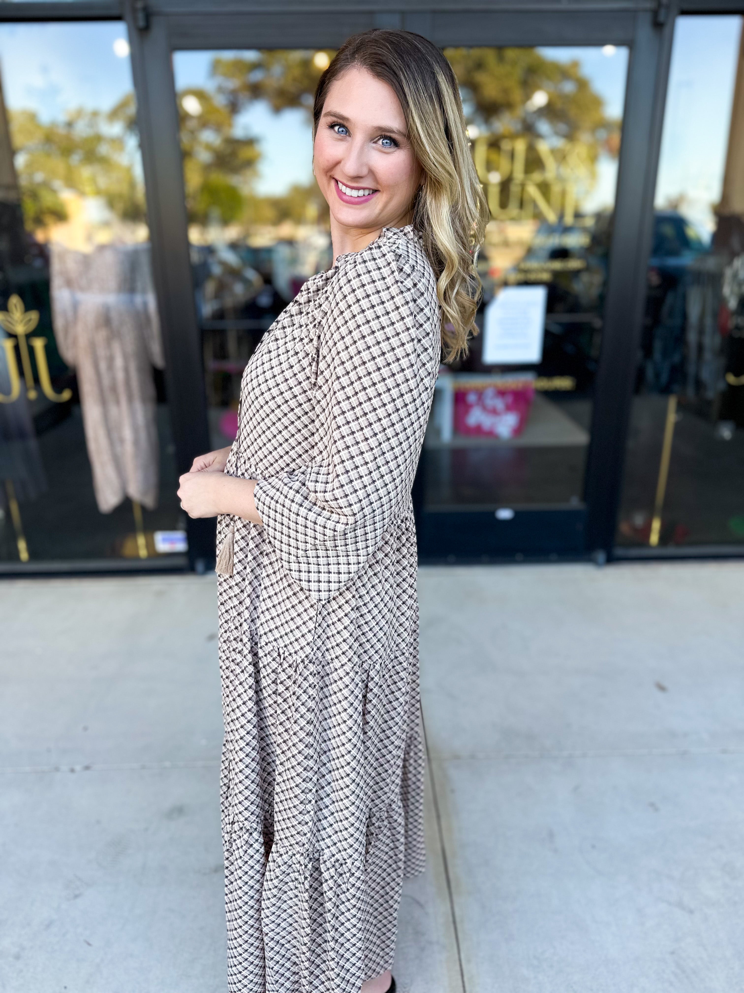 Taupe & Black Midi Dress-500 Midi-POLOGRAM-July & June Women's Fashion Boutique Located in San Antonio, Texas