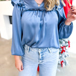 Satin Ruffle Blouse - Blue Grey-200 Fashion Blouses-JODIFL-July & June Women's Fashion Boutique Located in San Antonio, Texas
