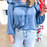 Satin Ruffle Blouse - Blue Grey-200 Fashion Blouses-JODIFL-July & June Women's Fashion Boutique Located in San Antonio, Texas