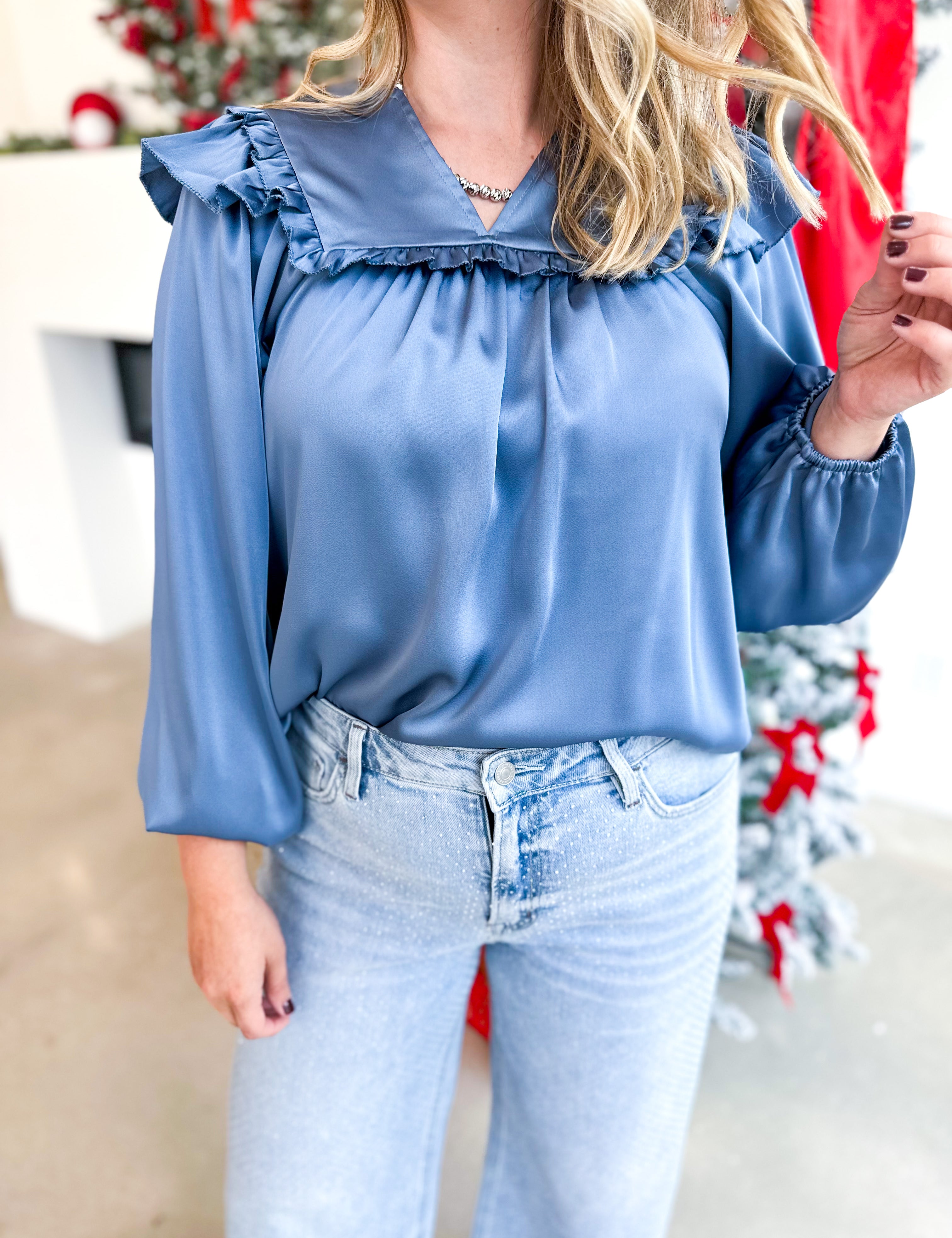 Satin Ruffle Blouse - Blue Grey-200 Fashion Blouses-JODIFL-July & June Women's Fashion Boutique Located in San Antonio, Texas