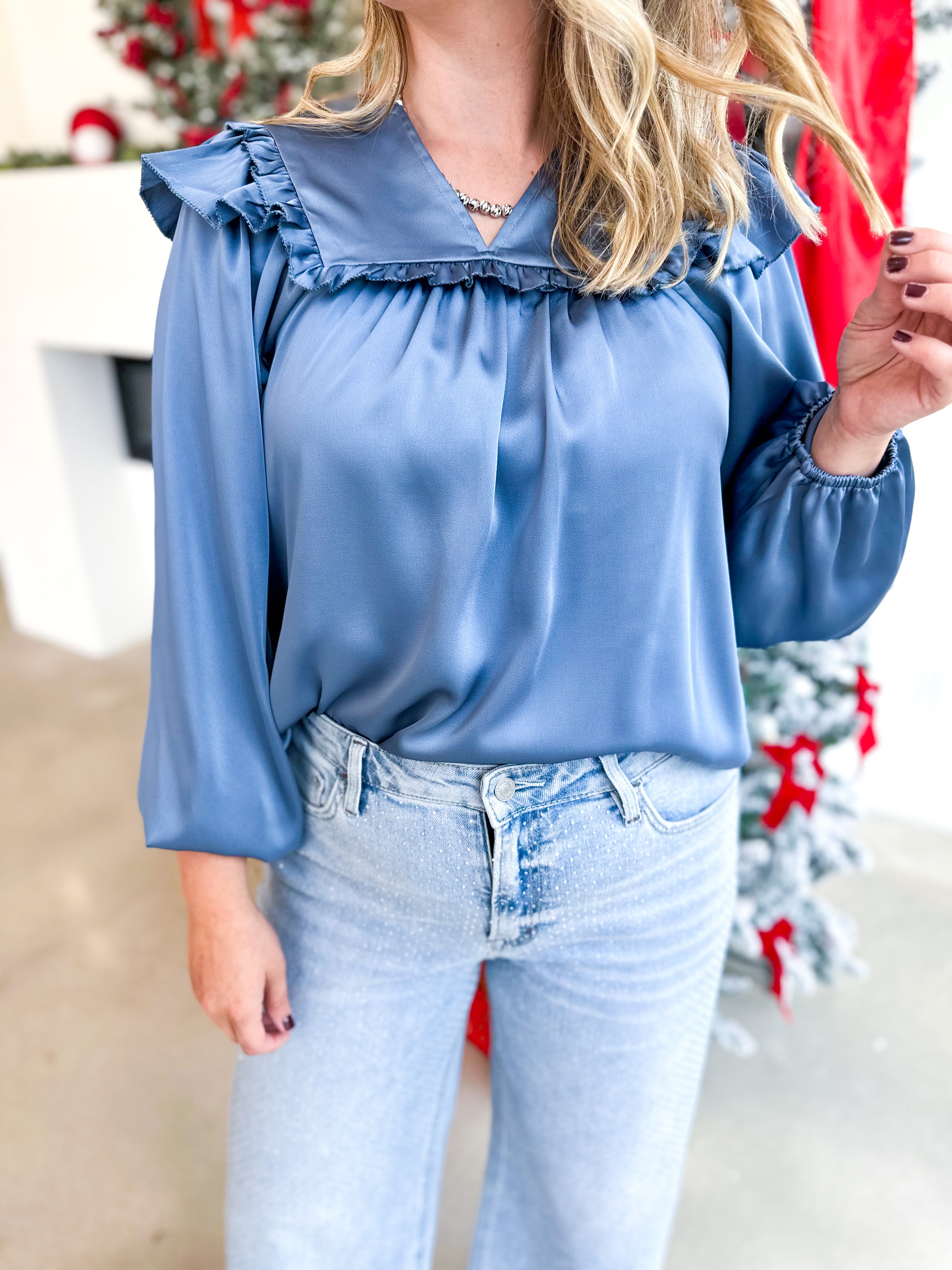 Satin Ruffle Blouse - Blue Grey-200 Fashion Blouses-JODIFL-July & June Women's Fashion Boutique Located in San Antonio, Texas
