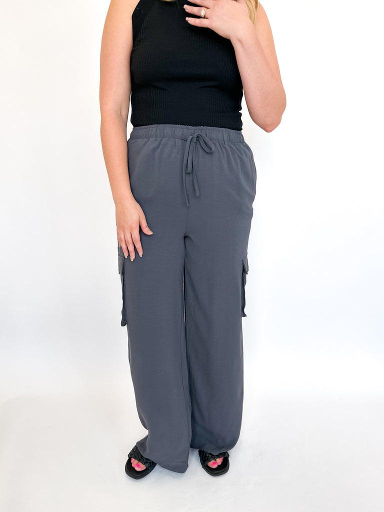 Drawstring Relaxed Cargo Pant- Charcoal-400 Pants-ENTRO-July & June Women's Fashion Boutique Located in San Antonio, Texas