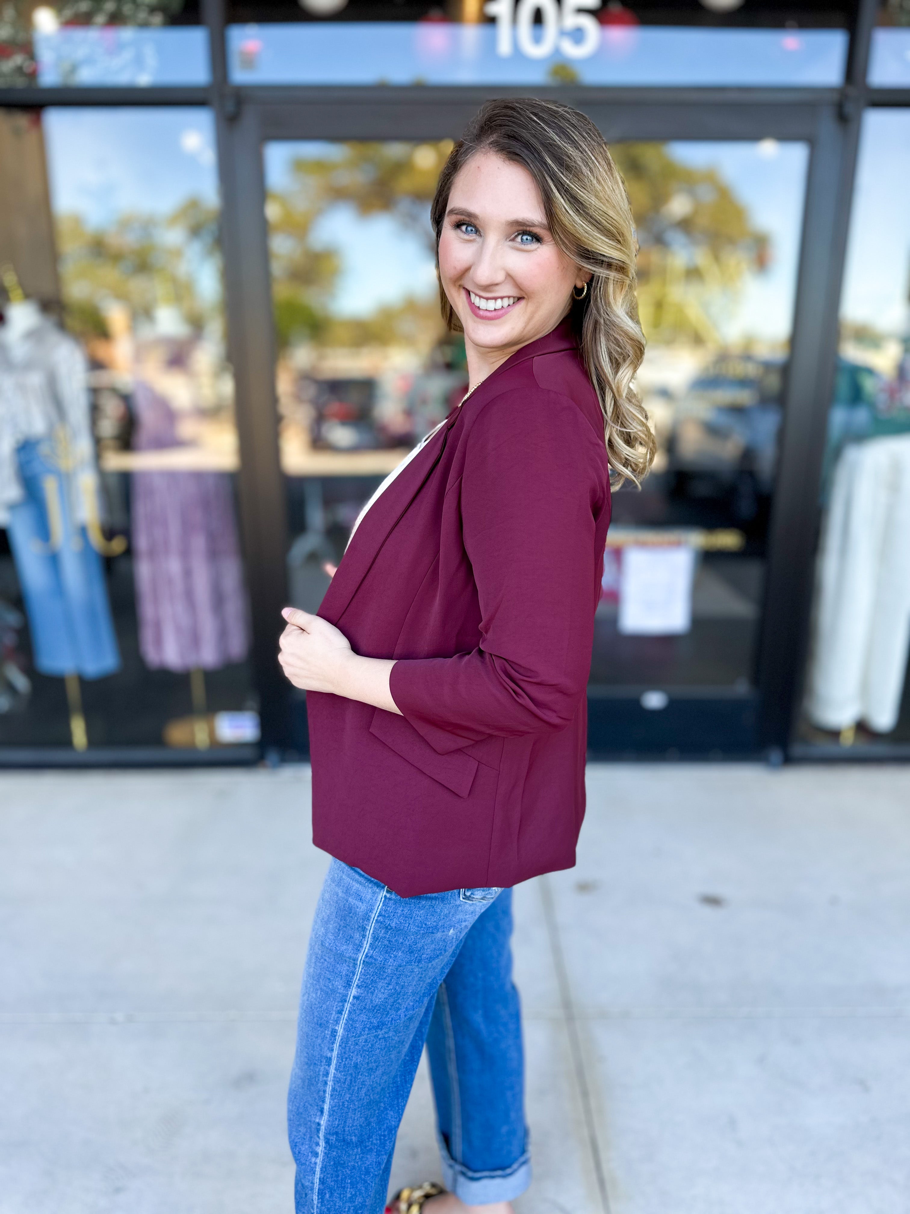 The Blair Blazer - Wine-600 Outerwear-SKIES ARE BLUE-July & June Women's Fashion Boutique Located in San Antonio, Texas