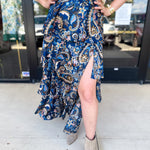Blue Paisley Midi Skirt-410 Shorts/Skirts-SKIES ARE BLUE-July & June Women's Fashion Boutique Located in San Antonio, Texas