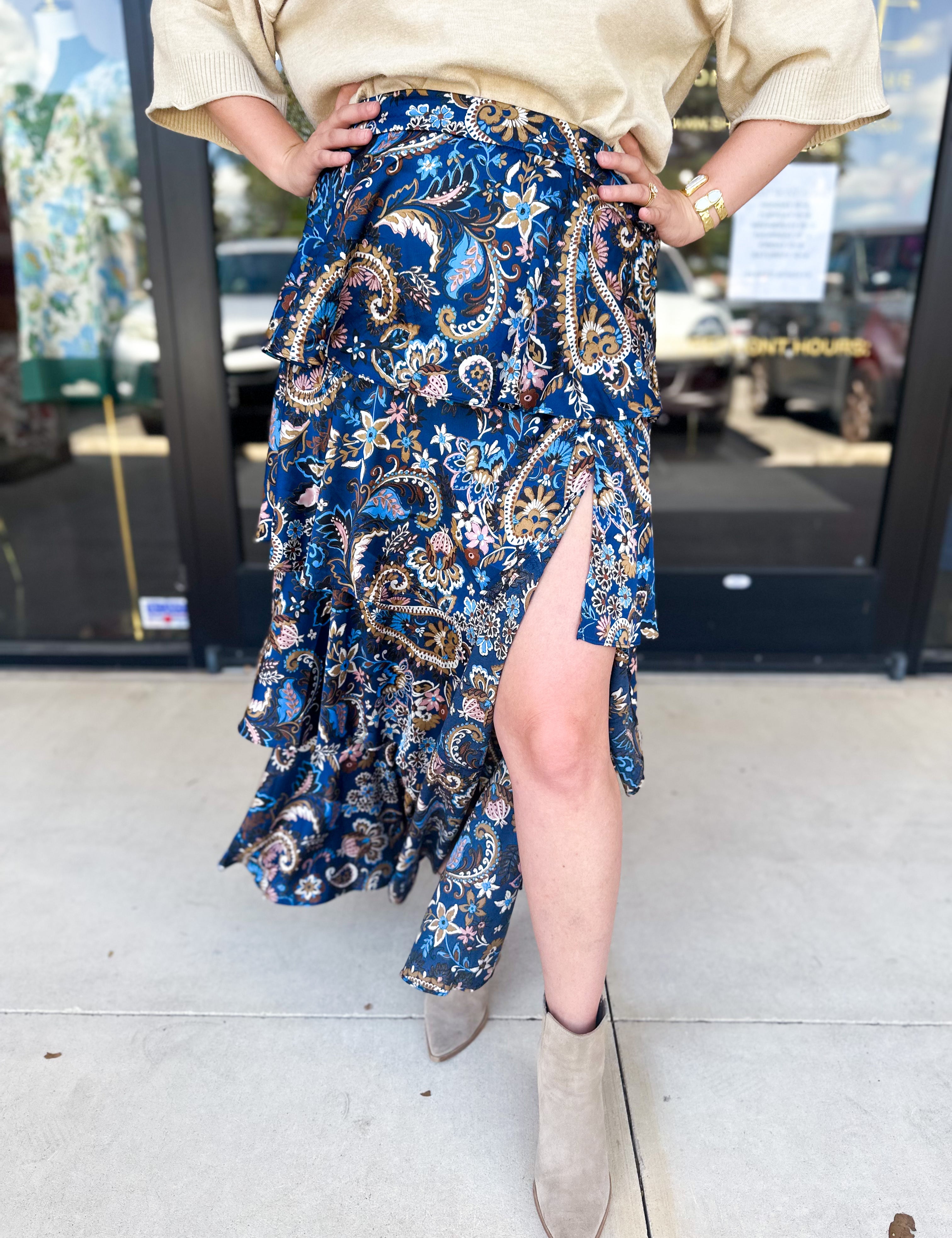 Blue Paisley Midi Skirt-410 Shorts/Skirts-SKIES ARE BLUE-July & June Women's Fashion Boutique Located in San Antonio, Texas