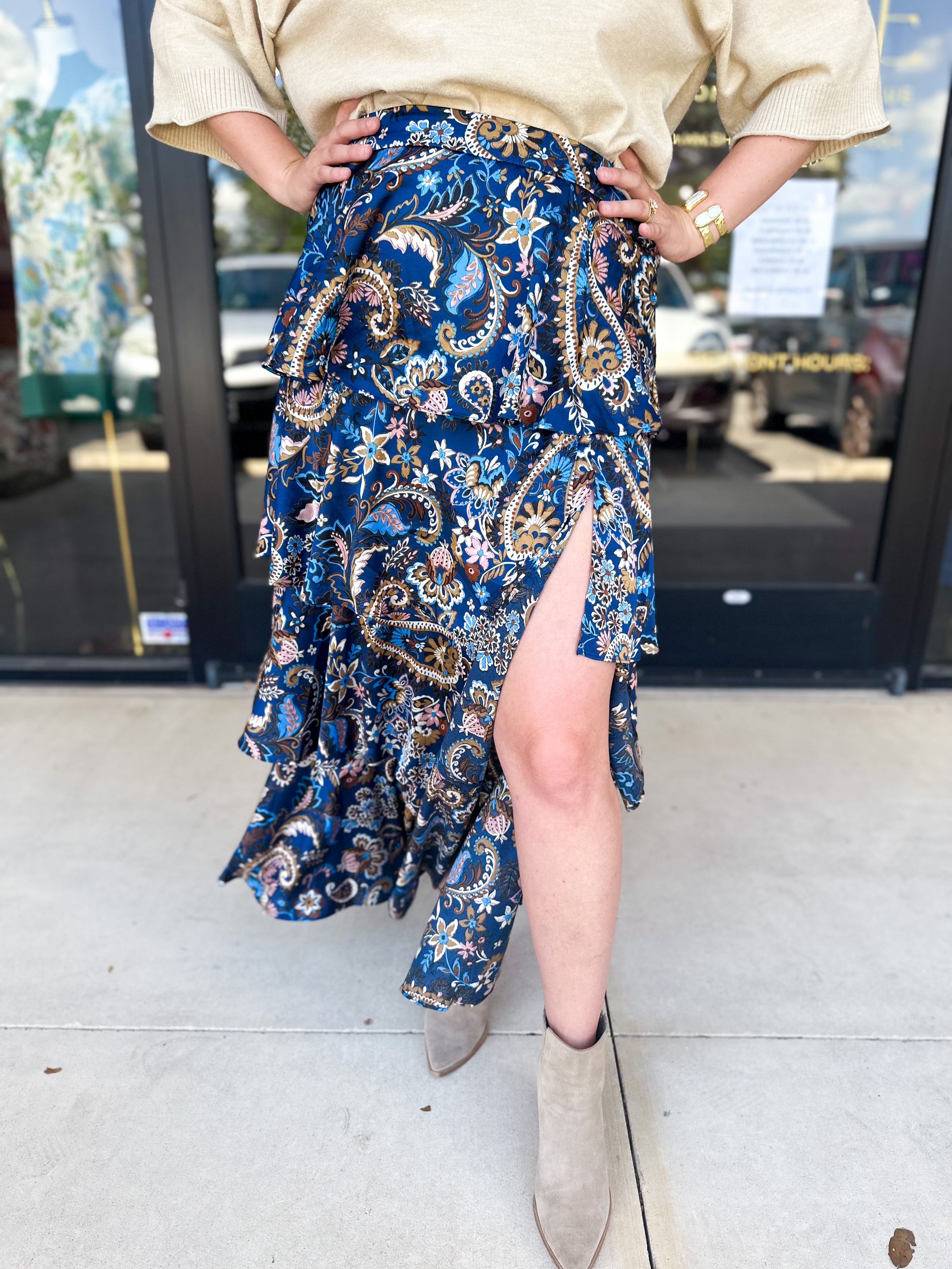 Blue Paisley Midi Skirt-410 Shorts/Skirts-SKIES ARE BLUE-July & June Women's Fashion Boutique Located in San Antonio, Texas