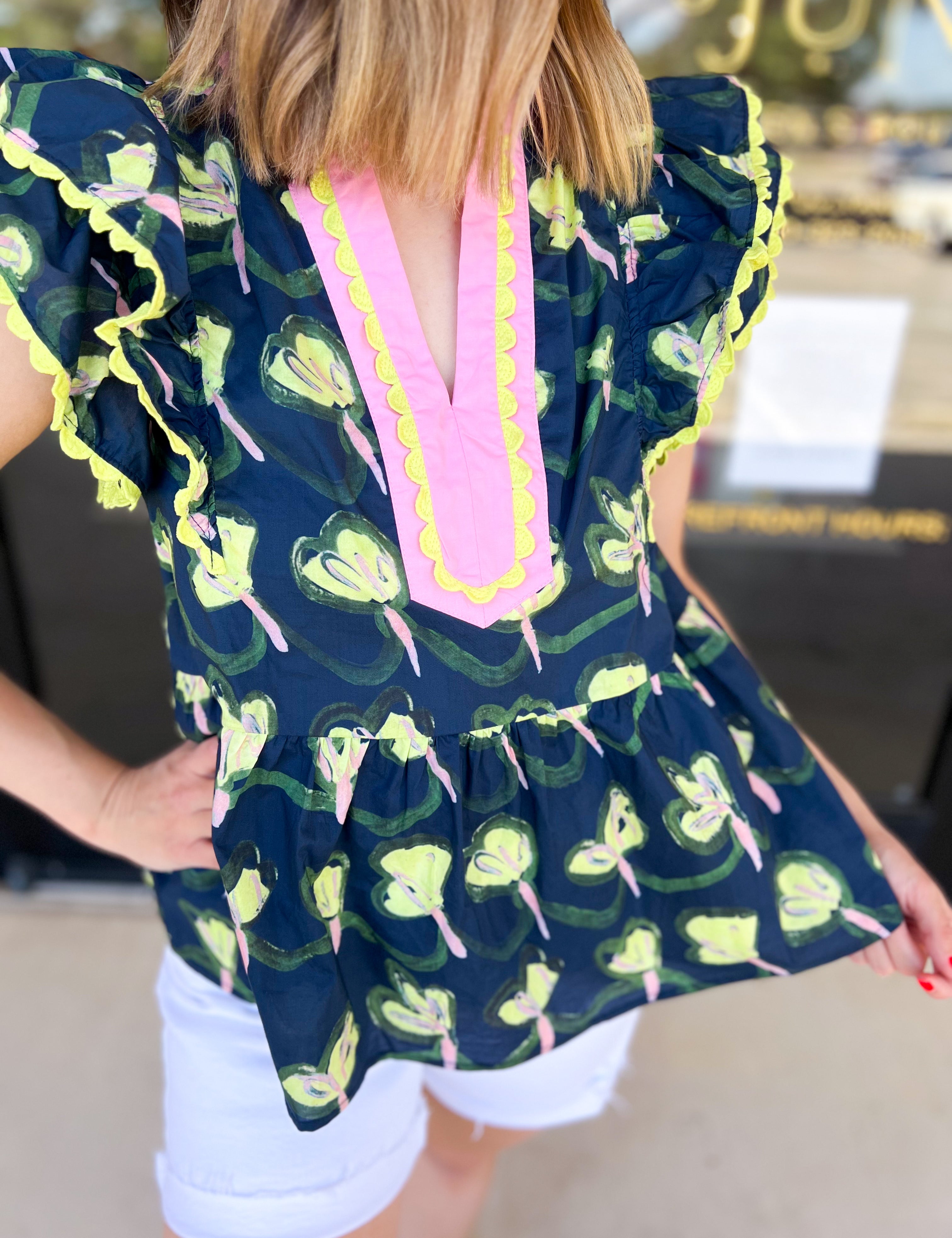 Navy & Yellow Floral Blouse-200 Fashion Blouses-ENTRO-July & June Women's Fashion Boutique Located in San Antonio, Texas