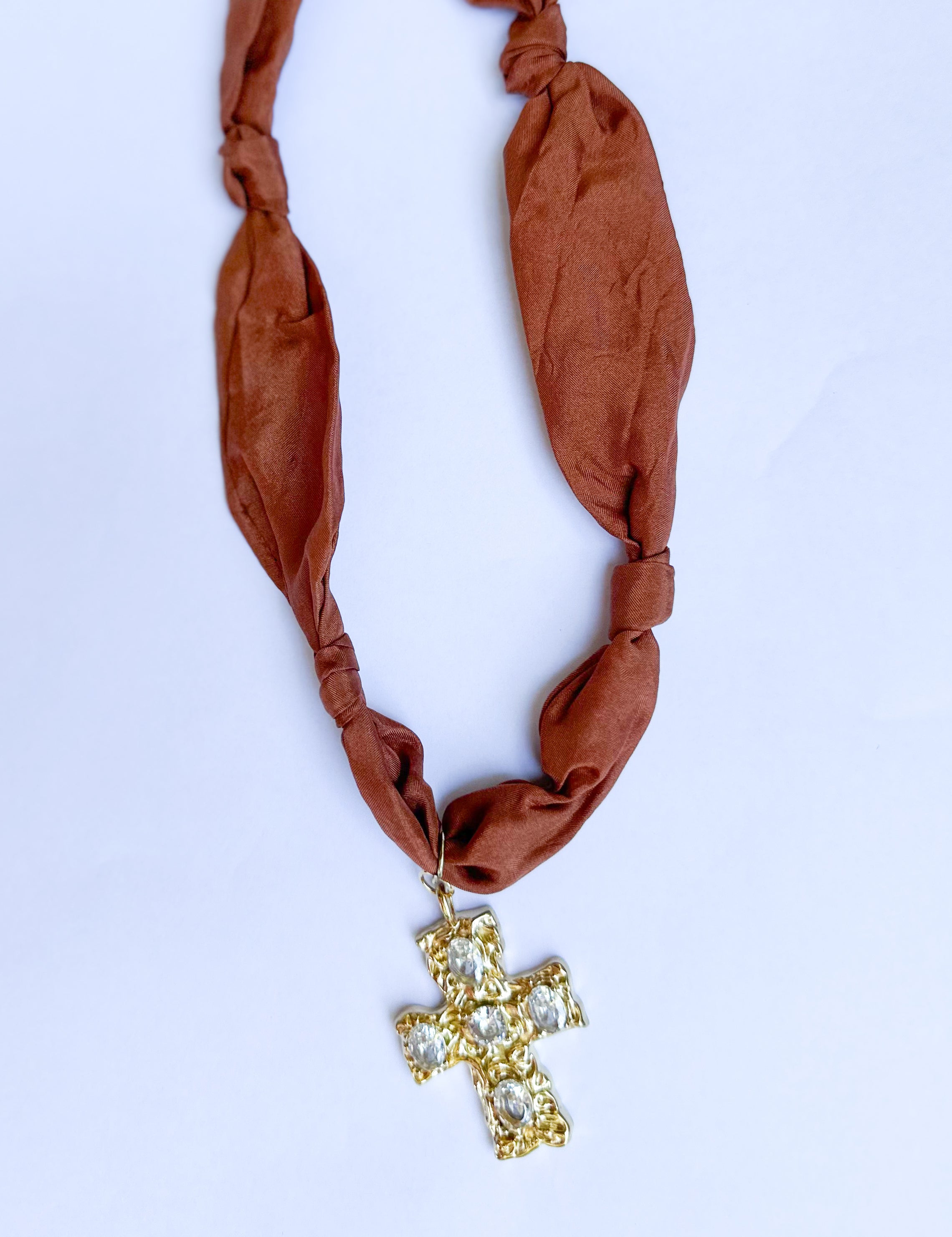 Scarf Necklace - Pumpkin Gold Cross-110 Jewelry & Hair-HART DESIGNS-July & June Women's Fashion Boutique Located in San Antonio, Texas