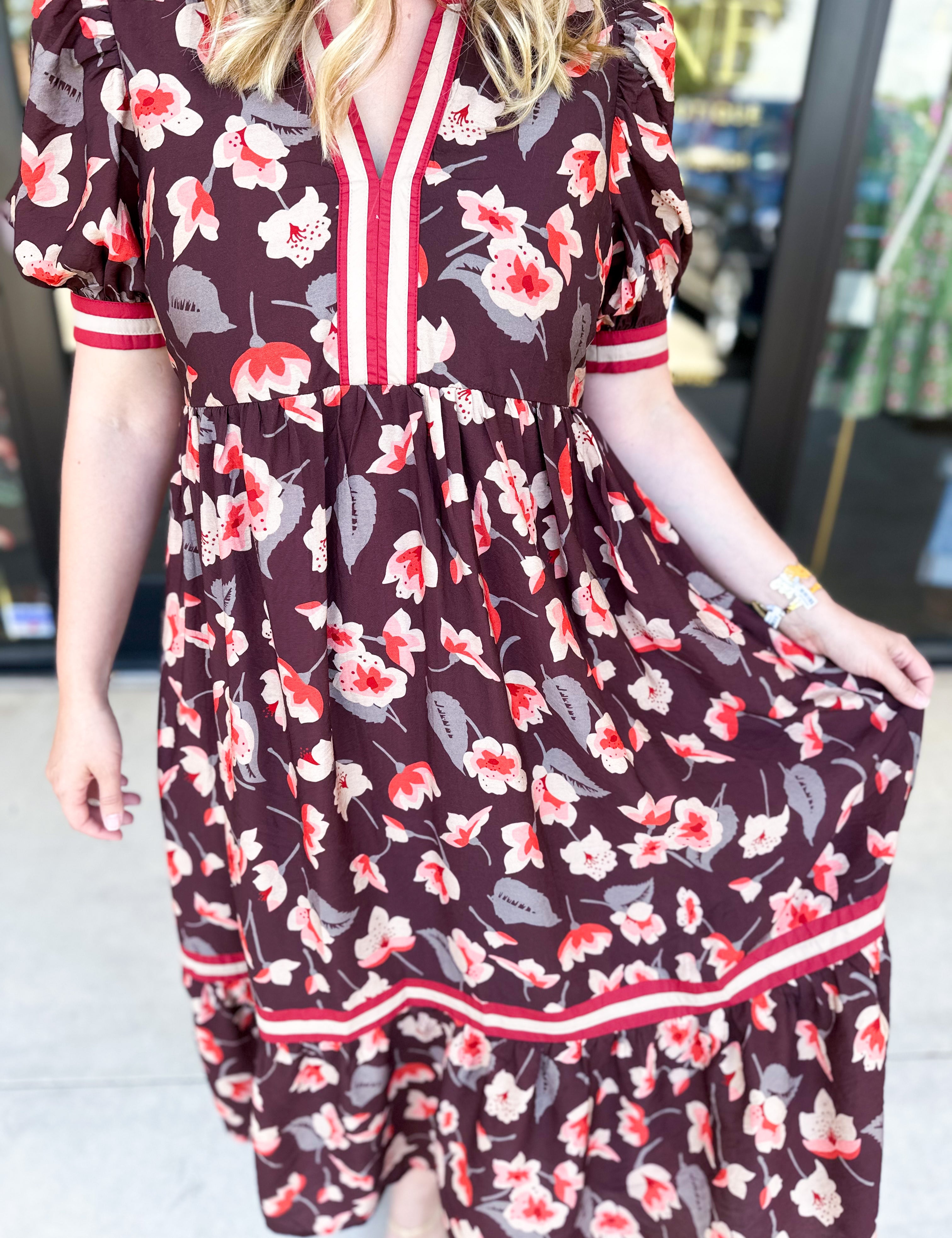 Chocolate Brown Floral Midi Dress-500 Midi-ENTRO-July & June Women's Fashion Boutique Located in San Antonio, Texas