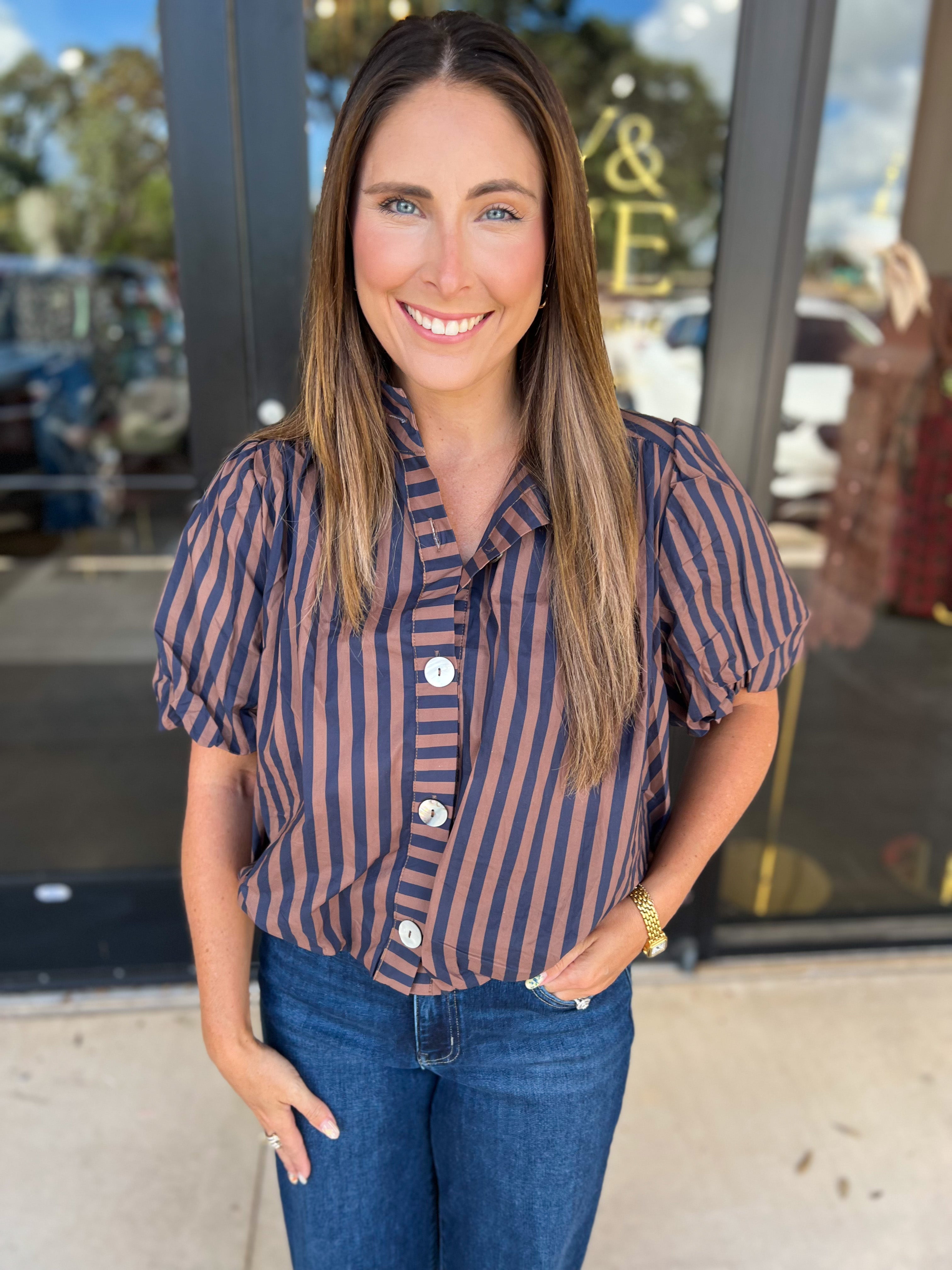Coffee Date Blouse - Navy & Espresso-200 Fashion Blouses-ENTRO-July & June Women's Fashion Boutique Located in San Antonio, Texas