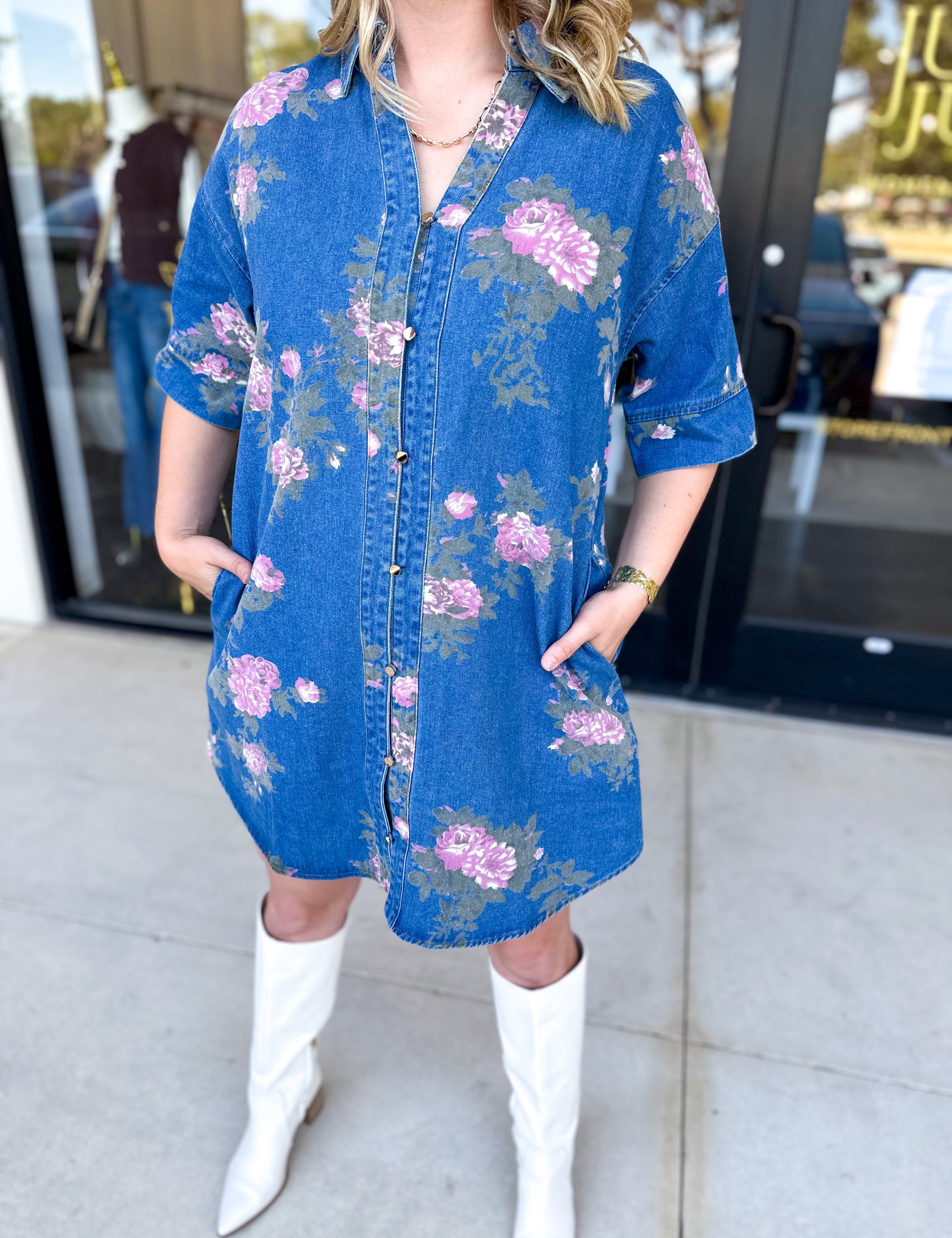 Feminine Floral Denim Mini Dress-510 Mini-ENTRO-July & June Women's Fashion Boutique Located in San Antonio, Texas