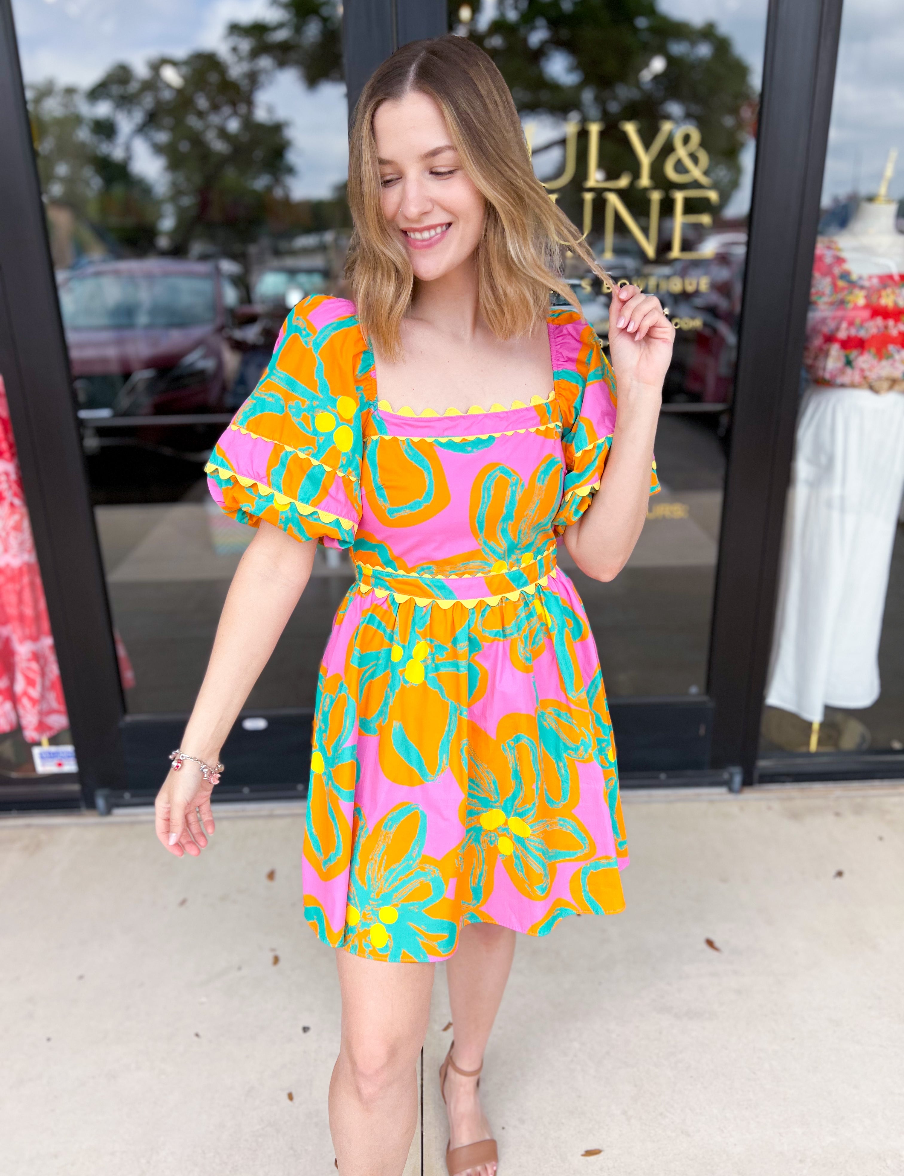 Bold Print Pink & Orange Mini Dress-510 Mini-PEACH LOVE-July & June Women's Fashion Boutique Located in San Antonio, Texas