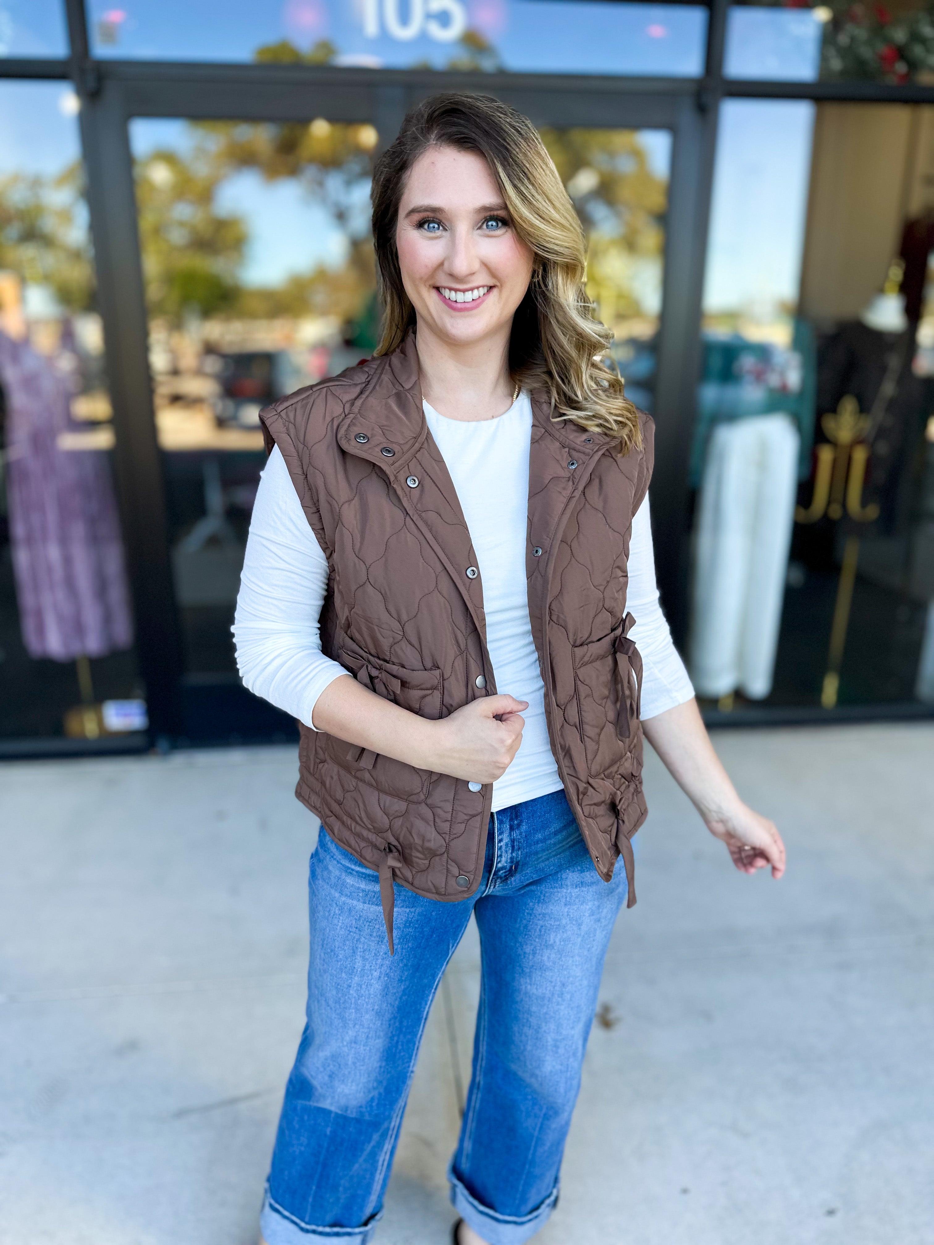 Quilted Bow Vest - Brown-600 Outerwear-BLU PEPPER-July & June Women's Fashion Boutique Located in San Antonio, Texas