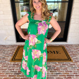 THML - Kelly Green Floral Tiered Midi Dress-500 Midi-THML-July & June Women's Fashion Boutique Located in San Antonio, Texas