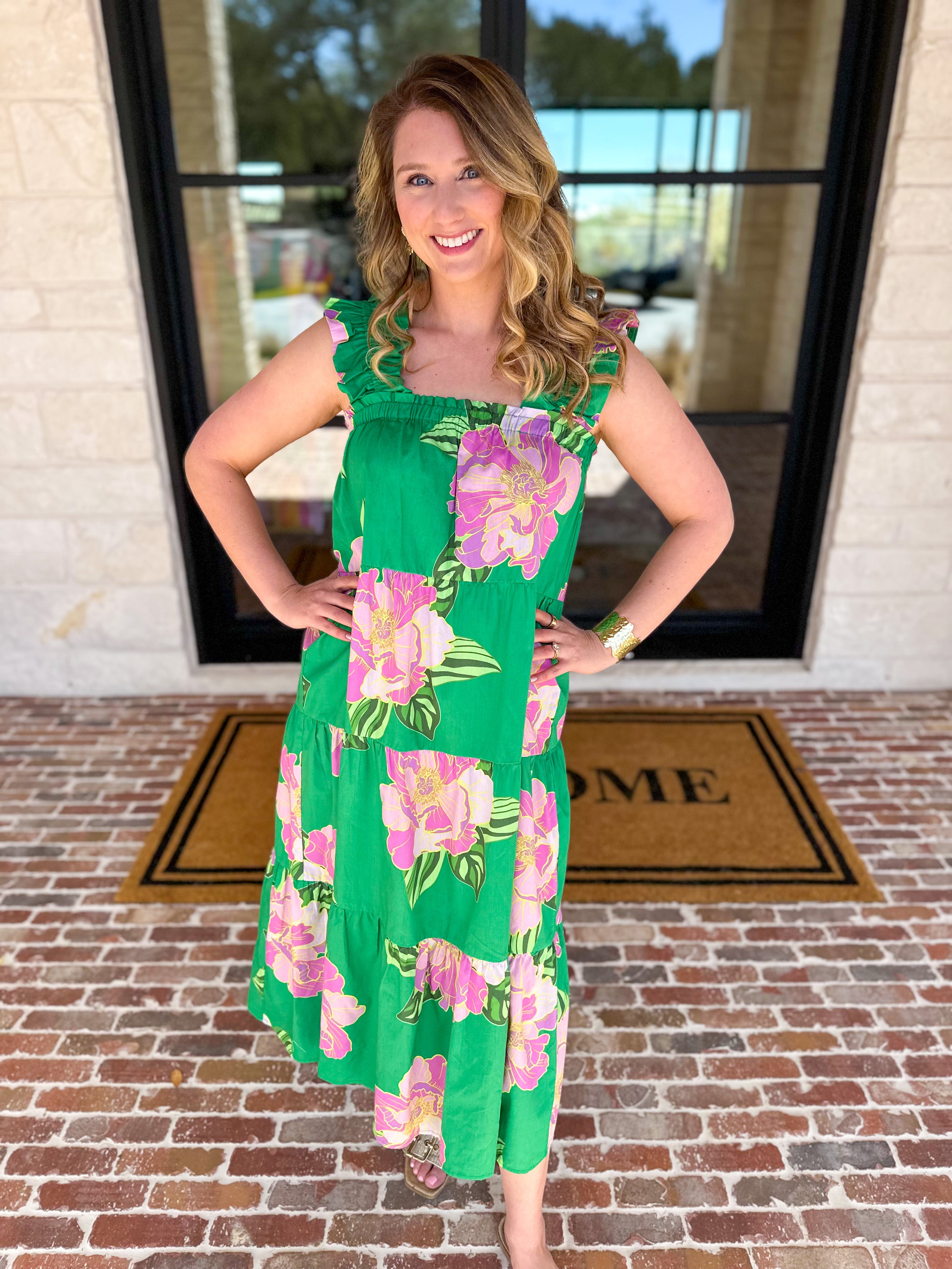 THML - Kelly Green Floral Tiered Midi Dress-500 Midi-THML-July & June Women's Fashion Boutique Located in San Antonio, Texas