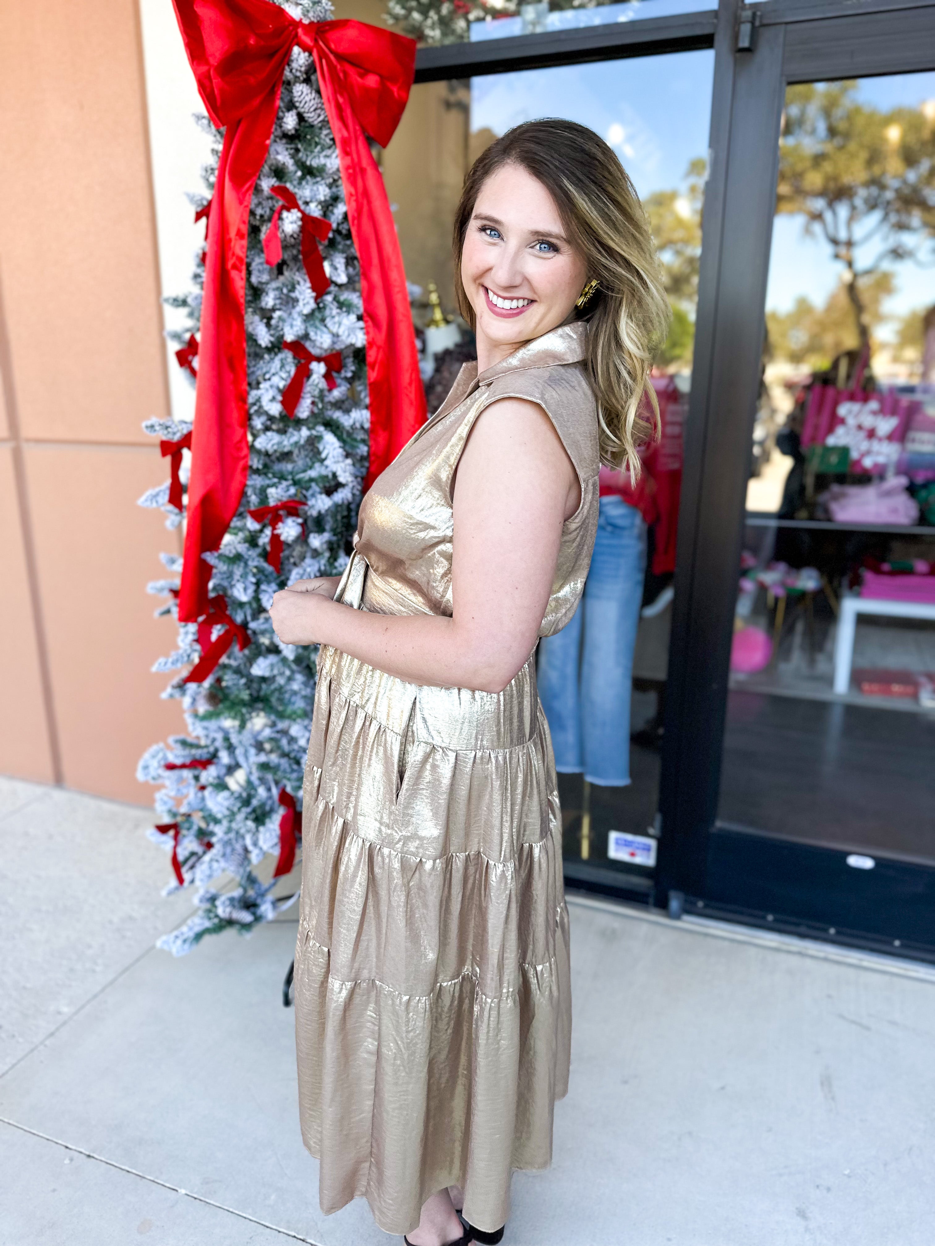 Champagne Collard Midi Dress-500 Midi-ENTRO-July & June Women's Fashion Boutique Located in San Antonio, Texas