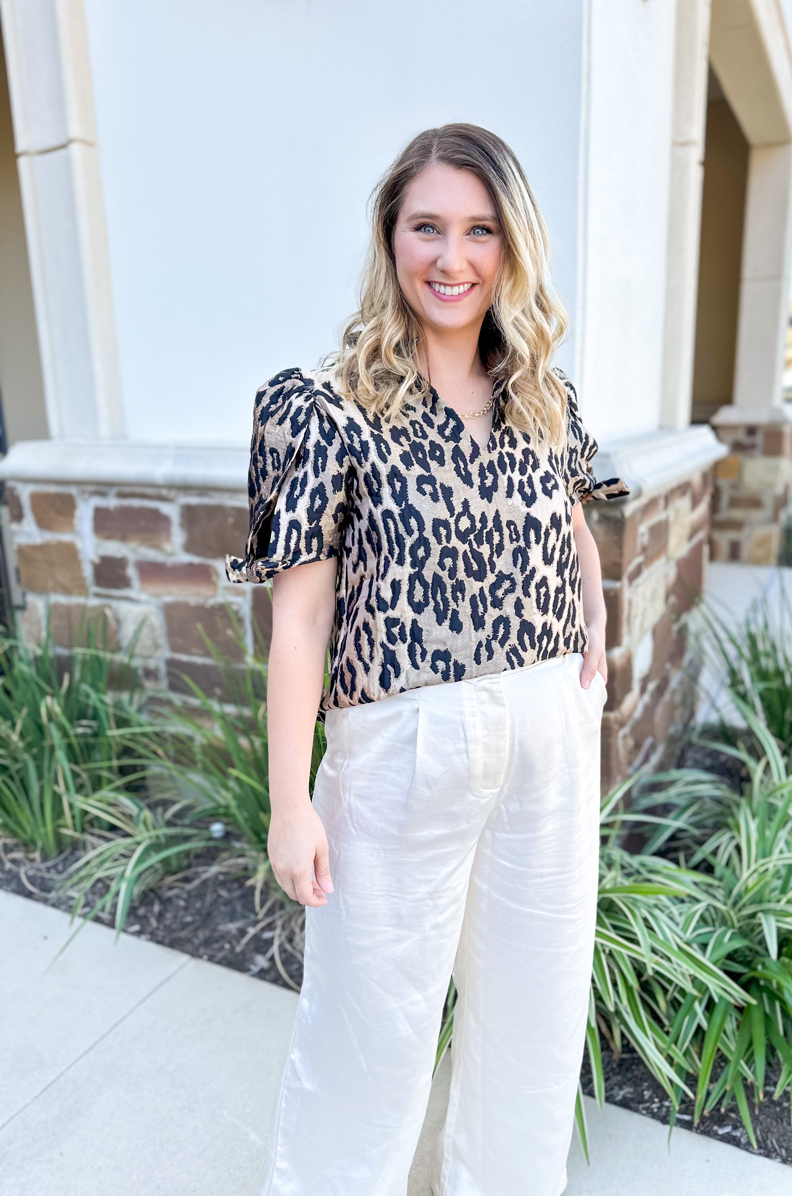 THML - Metallic Cheetah Blouse-200 Fashion Blouses-THML-July & June Women's Fashion Boutique Located in San Antonio, Texas