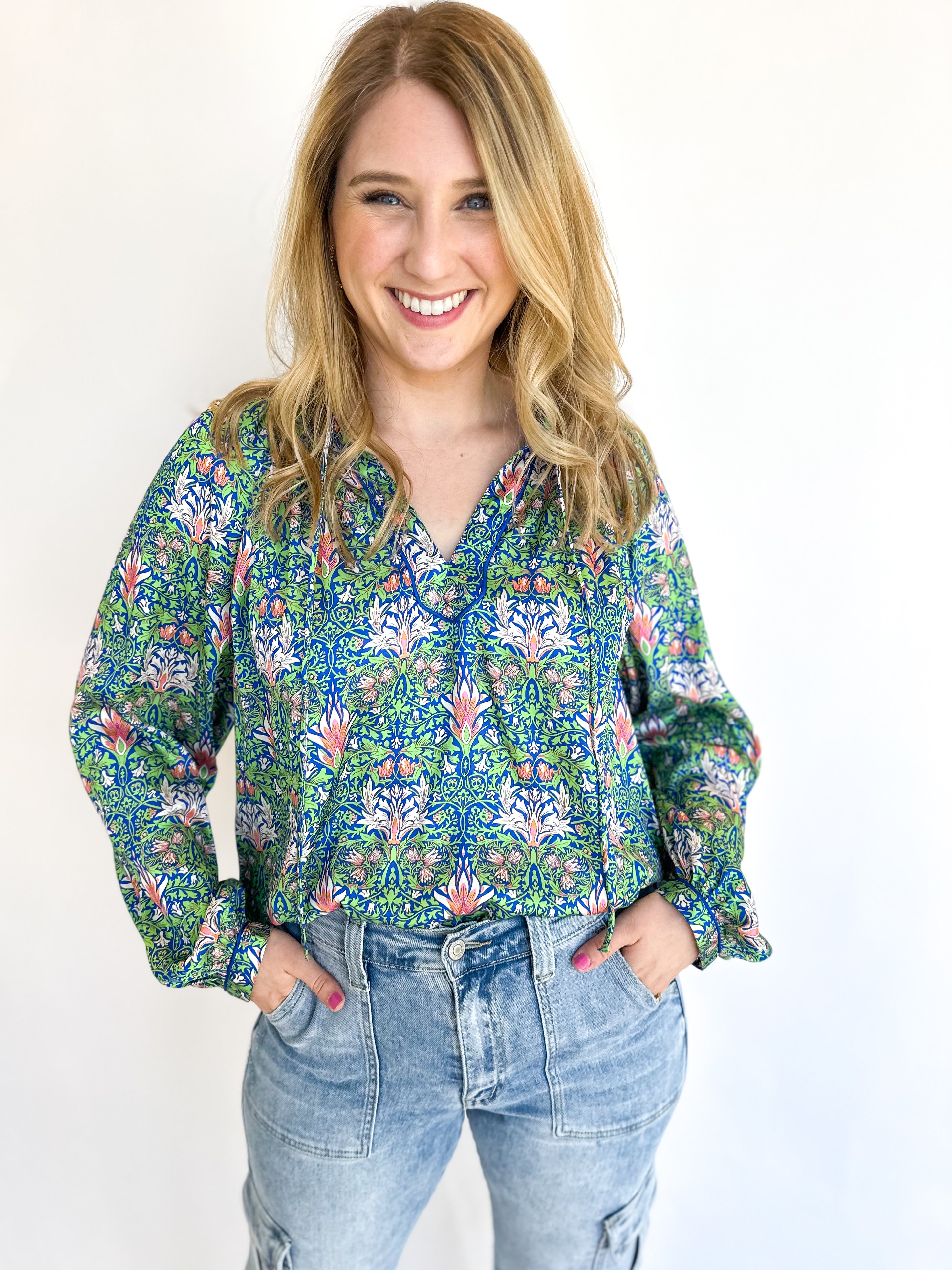 Blue Green Floral Blouse-200 Fashion Blouses-CURRENT AIR CLOTHING-July & June Women's Fashion Boutique Located in San Antonio, Texas