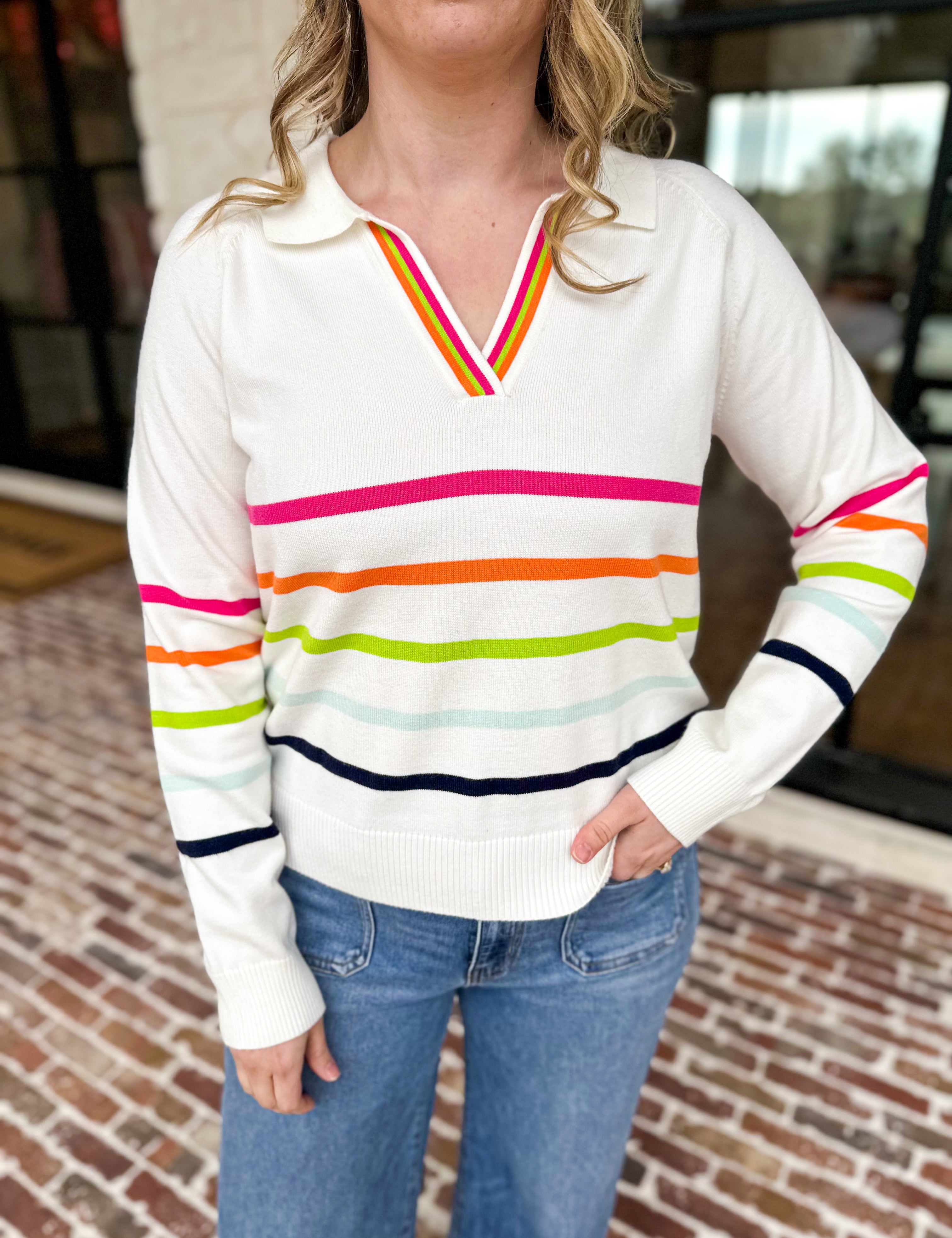 THML - Colorful Collared V-Neck Sweater Top-230 Sweaters/Cardis-THML-July & June Women's Fashion Boutique Located in San Antonio, Texas