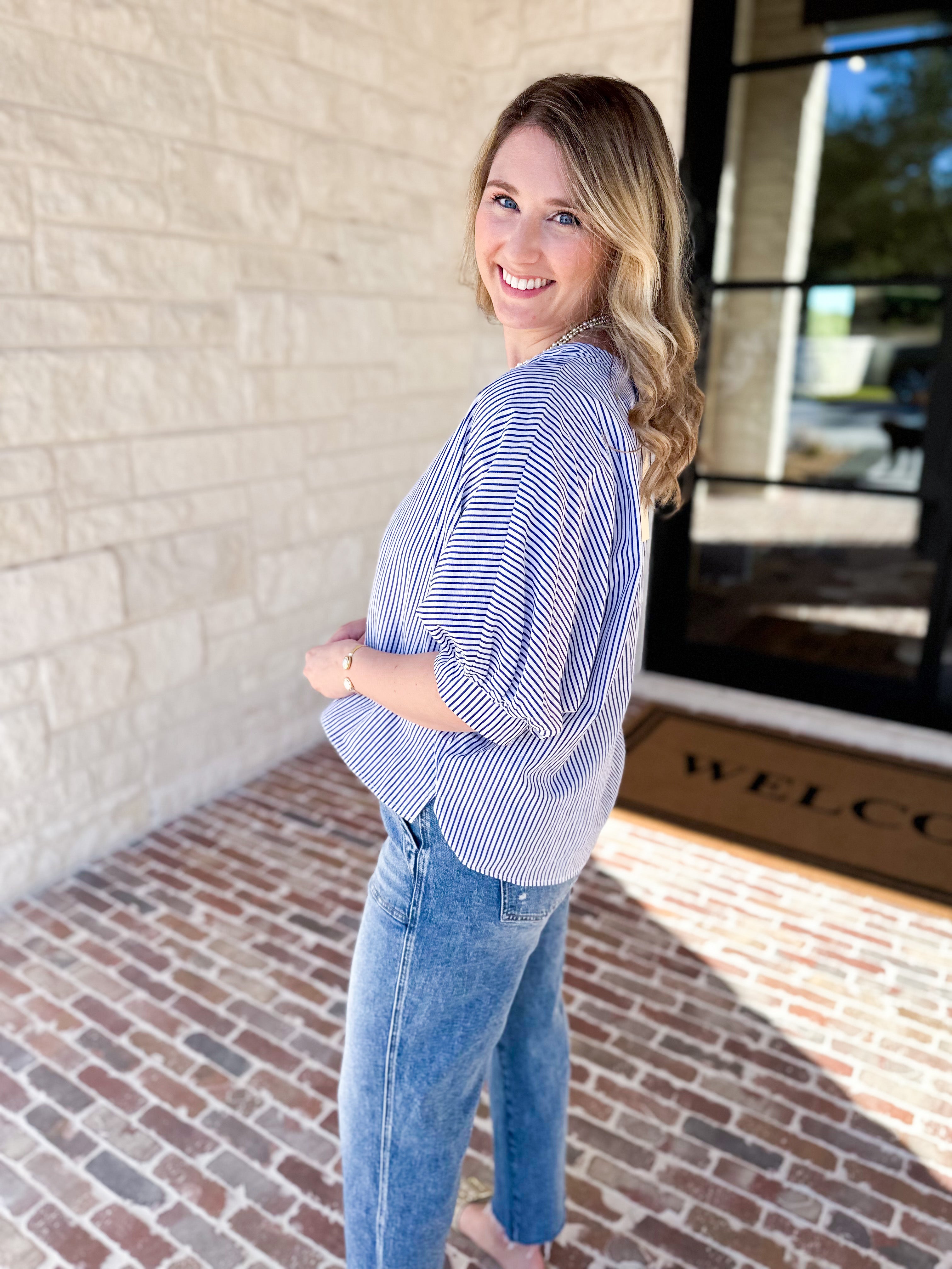 Stripe Dolman Blouse - Navy-200 Fashion Blouses-ALLIE ROSE-July & June Women's Fashion Boutique Located in San Antonio, Texas