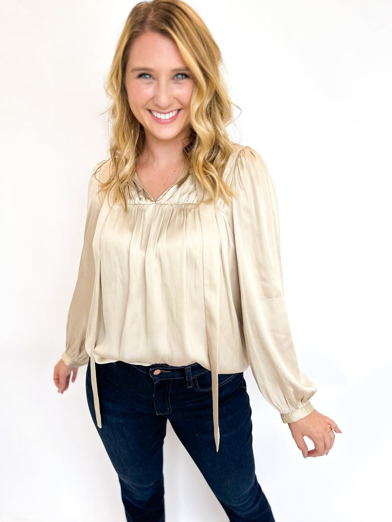 Champagne Ruched Satin Blouse-200 Fashion Blouses-CURRENT AIR CLOTHING-July & June Women's Fashion Boutique Located in San Antonio, Texas