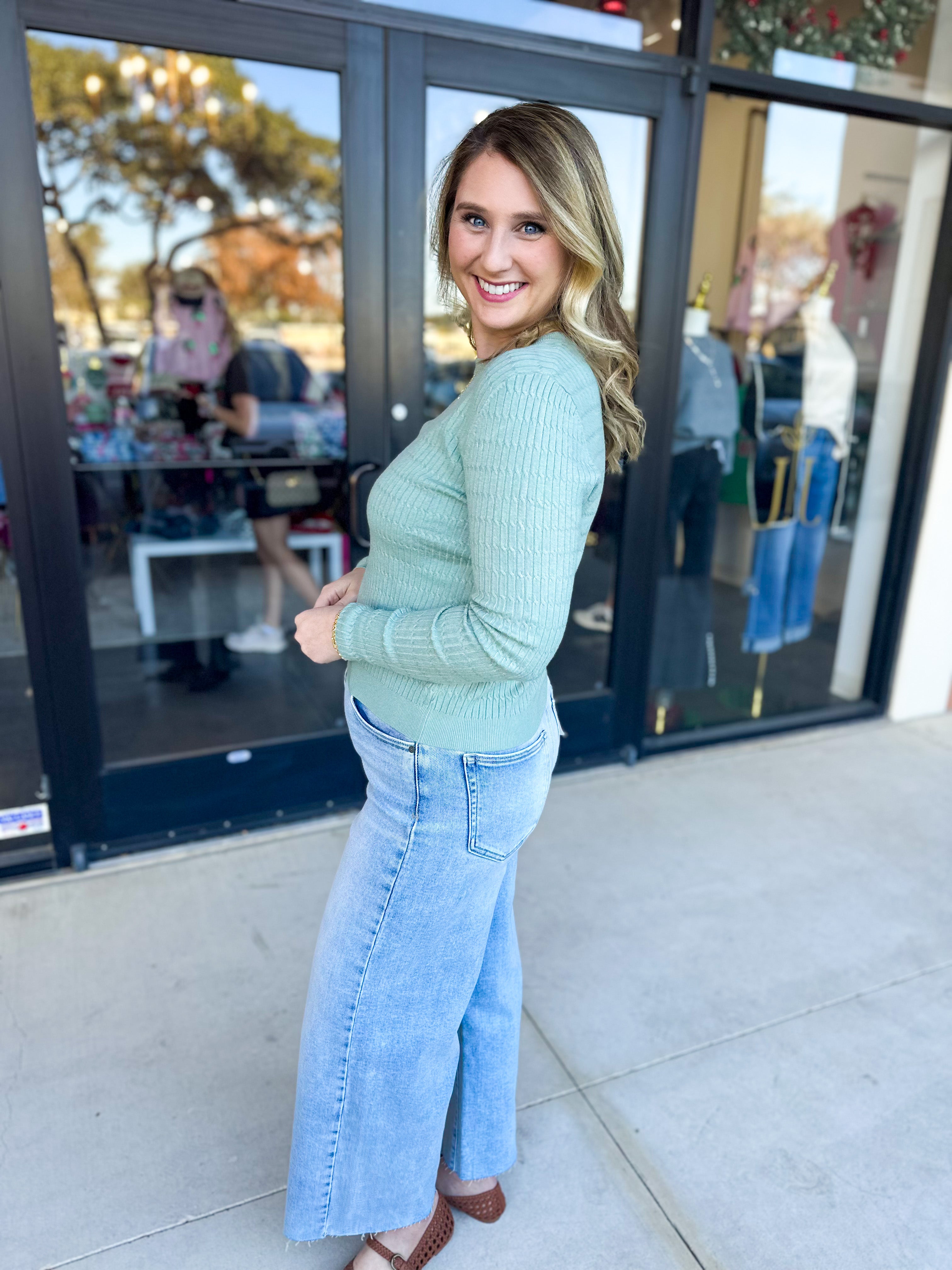 Tailored Cable Knit Sweater Top - Sage-230 Sweaters/Cardis-ALLIE ROSE-July & June Women's Fashion Boutique Located in San Antonio, Texas