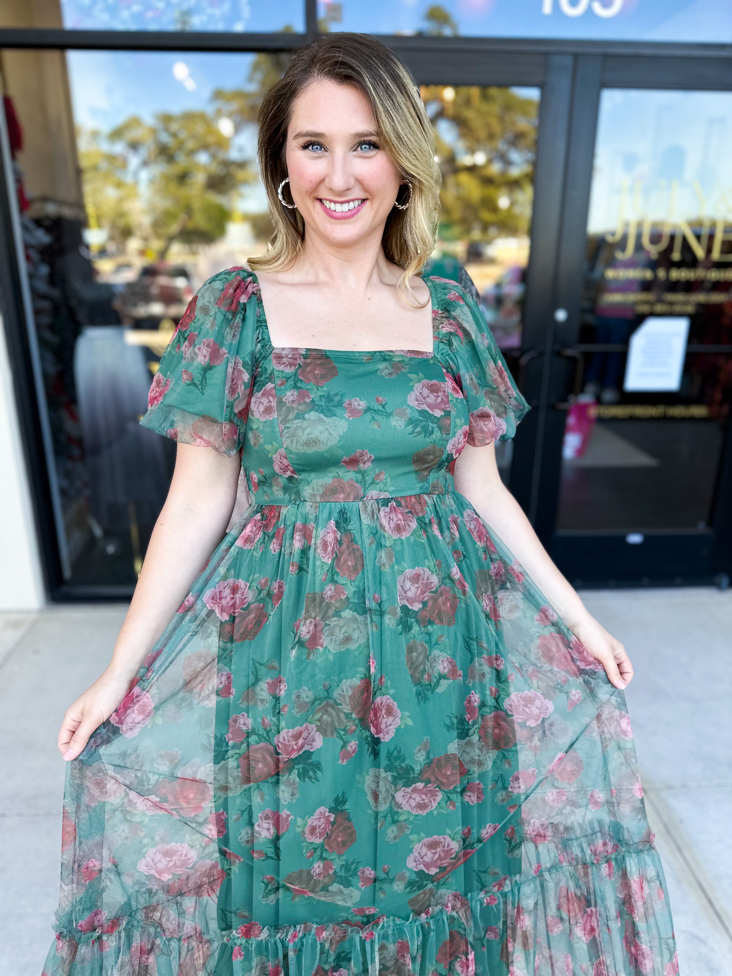 Hunter Green Garden Midi Dress-500 Midi-POLOGRAM-July & June Women's Fashion Boutique Located in San Antonio, Texas