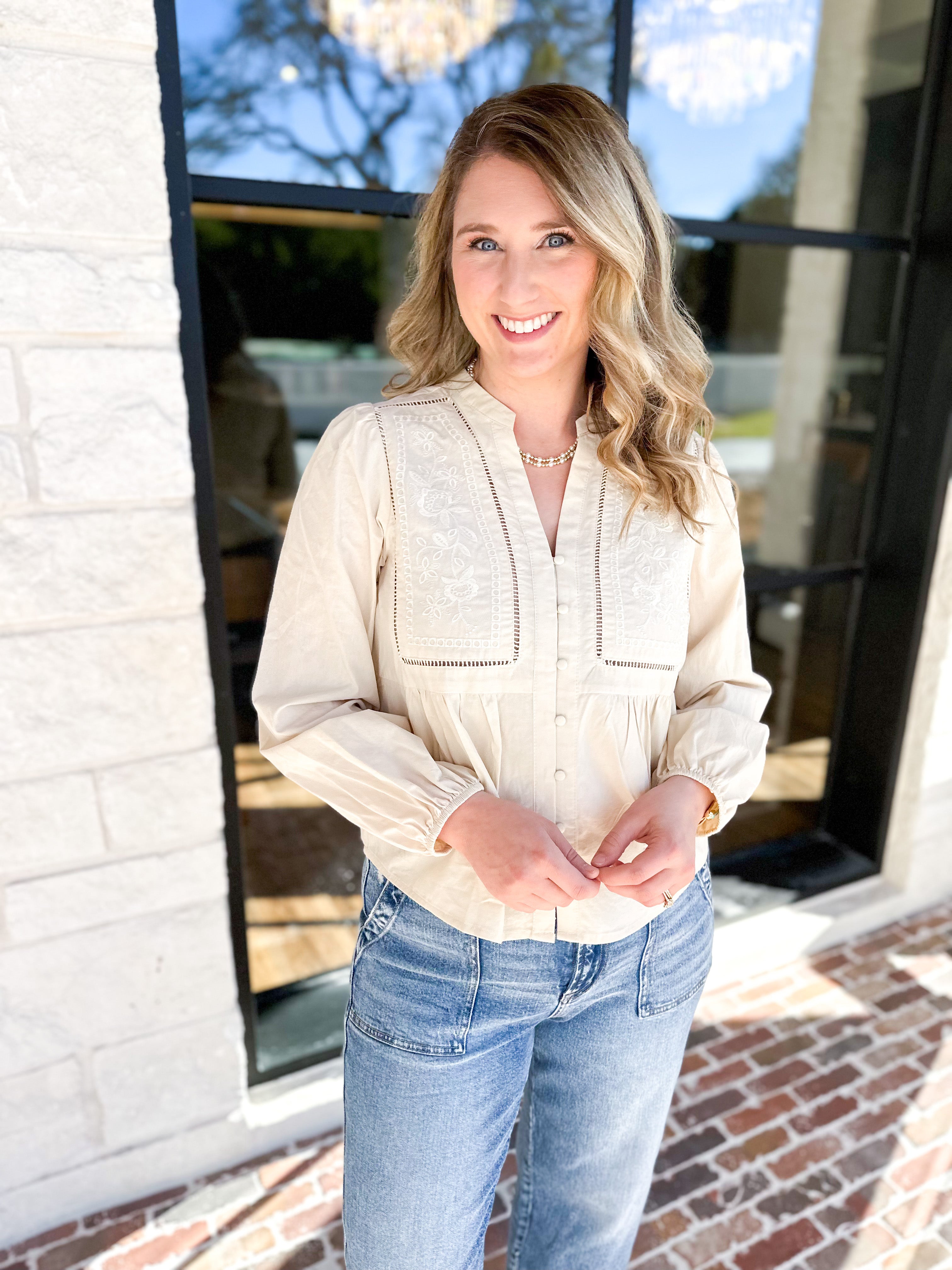 Cream Embroidered Peasant Blouse-200 Fashion Blouses-ABLE-July & June Women's Fashion Boutique Located in San Antonio, Texas