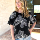 THML - Black & White Flower Power Blouse-200 Fashion Blouses-THML-July & June Women's Fashion Boutique Located in San Antonio, Texas