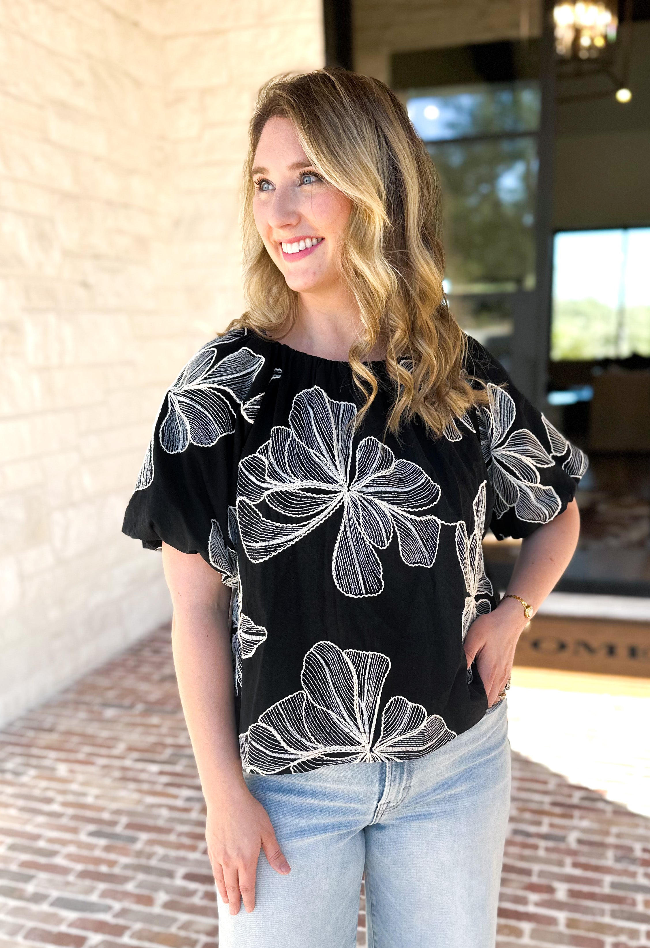 THML - Black & White Flower Power Blouse-200 Fashion Blouses-THML-July & June Women's Fashion Boutique Located in San Antonio, Texas