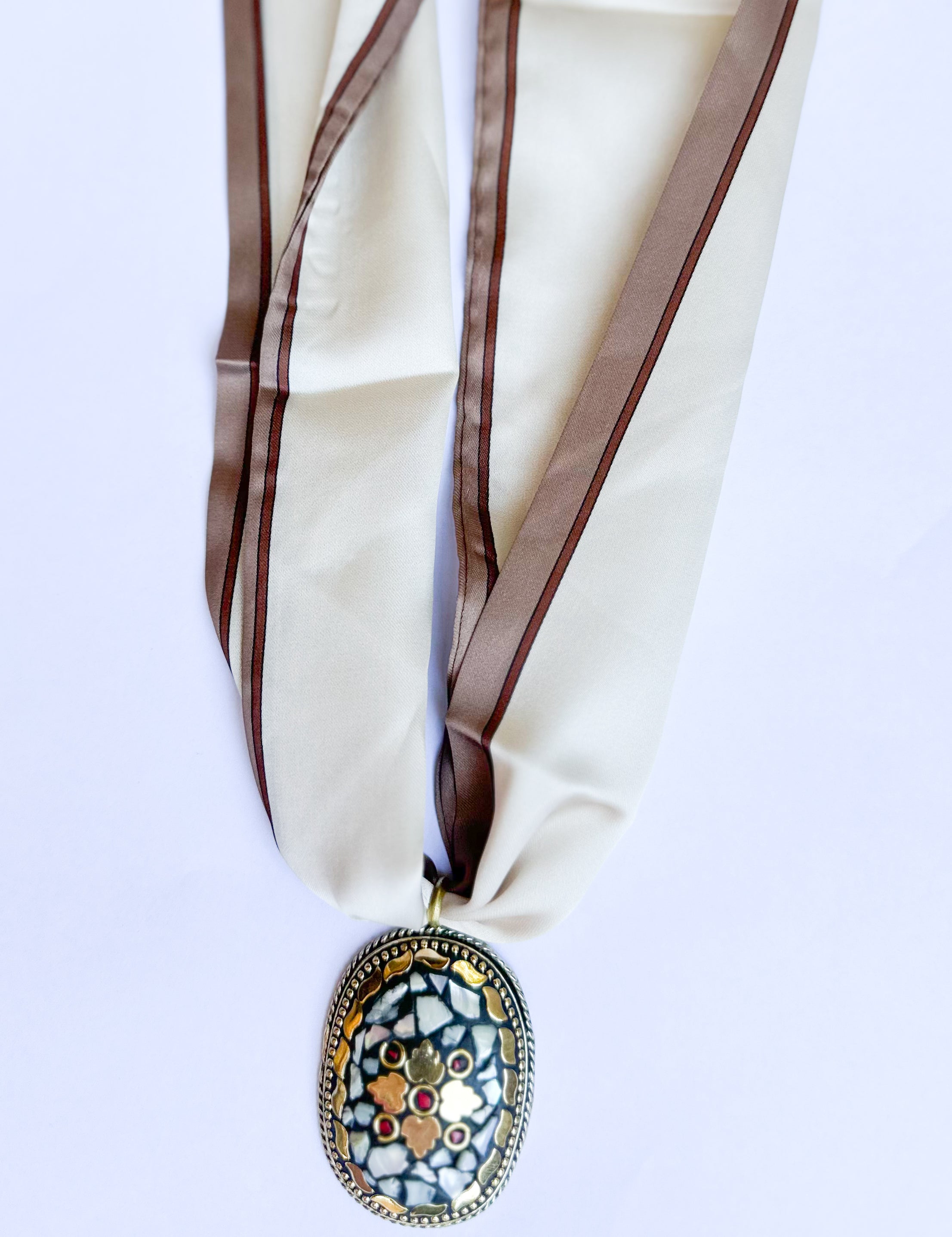 Scarf Necklace - Taupe Oval Medallion-110 Jewelry & Hair-HART DESIGNS-July & June Women's Fashion Boutique Located in San Antonio, Texas