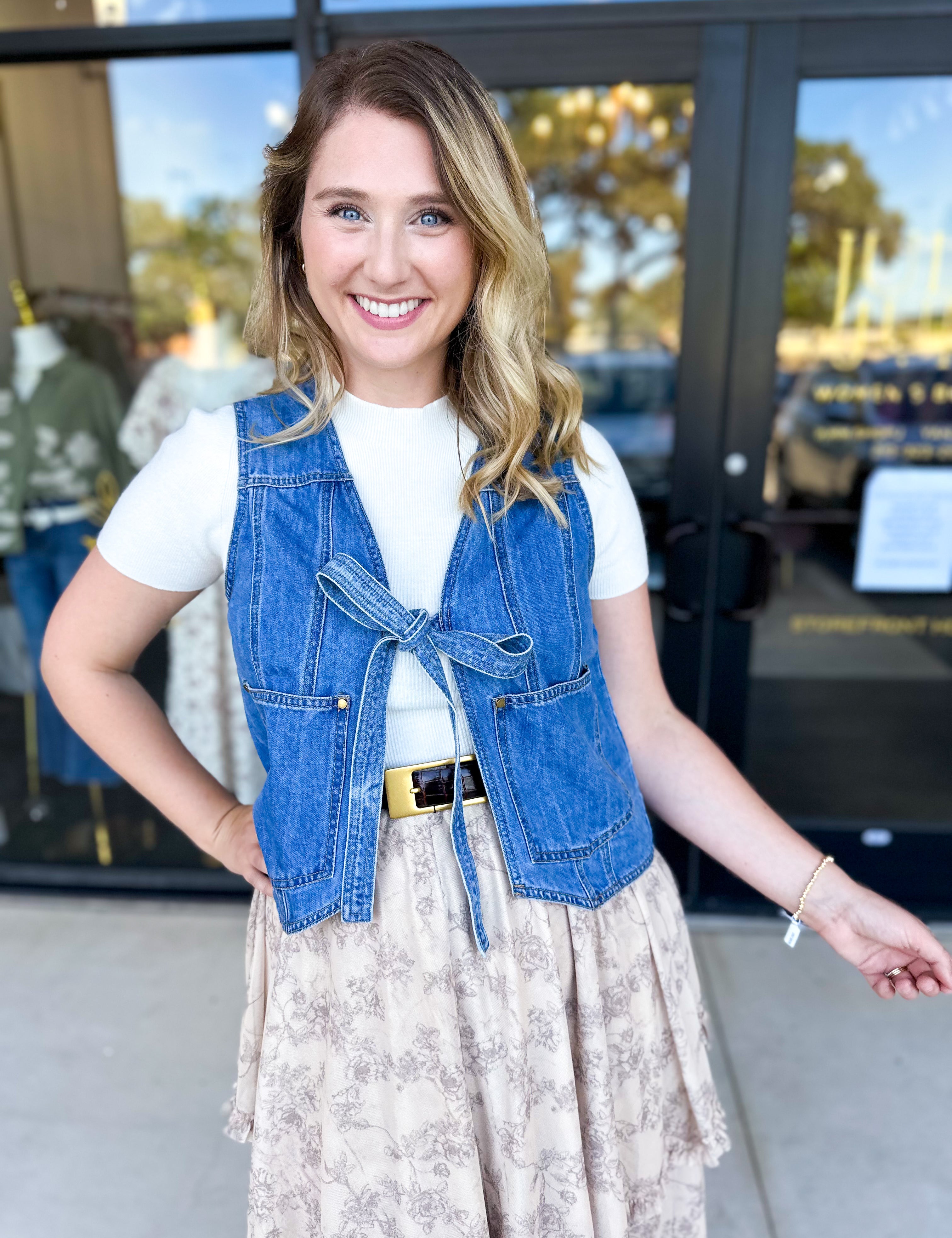Front Tie Denim Vest-600 Outerwear-LISTICLE-July & June Women's Fashion Boutique Located in San Antonio, Texas