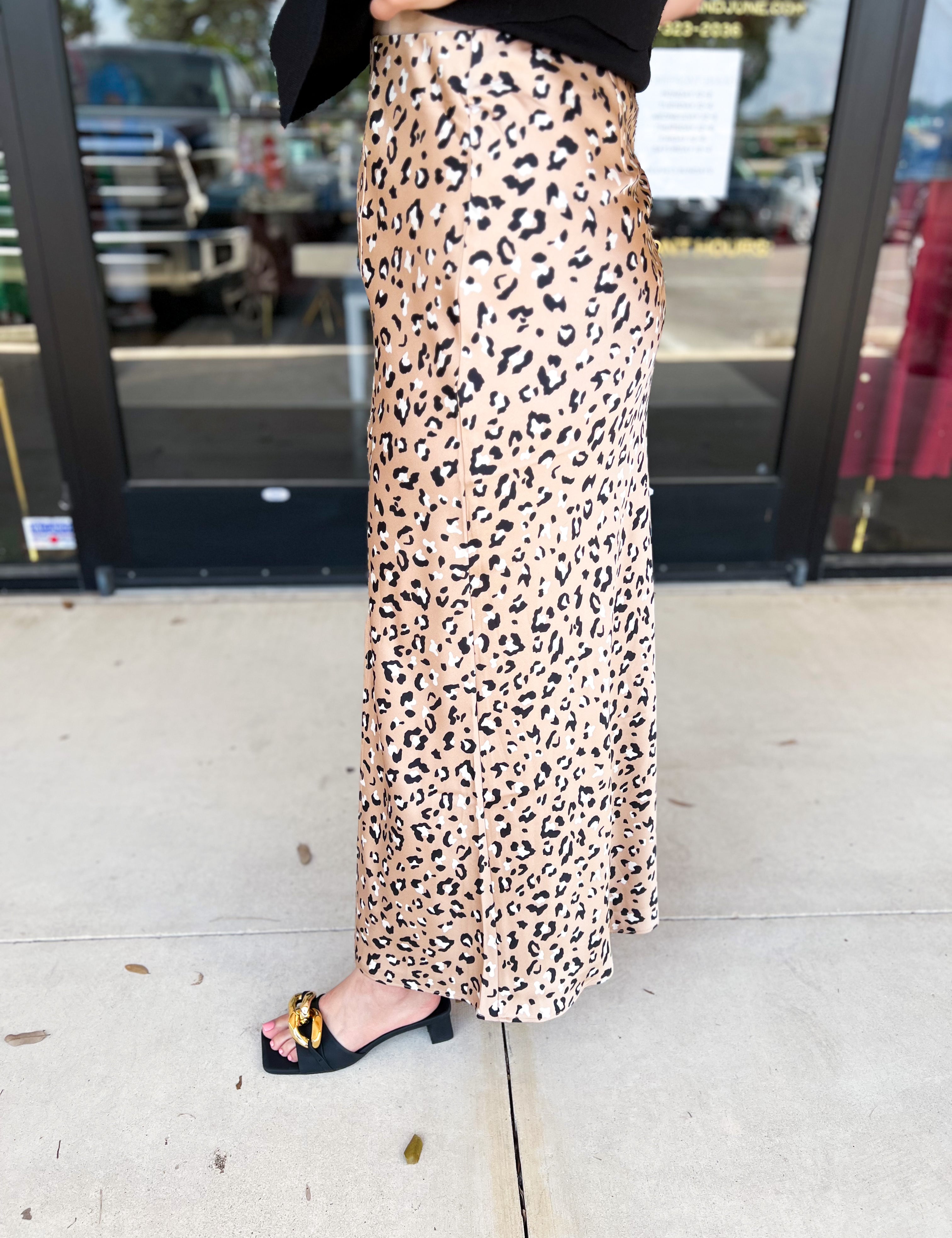 Cheetah Satin Midi Skirt-410 Shorts/Skirts-SKIES ARE BLUE-July & June Women's Fashion Boutique Located in San Antonio, Texas