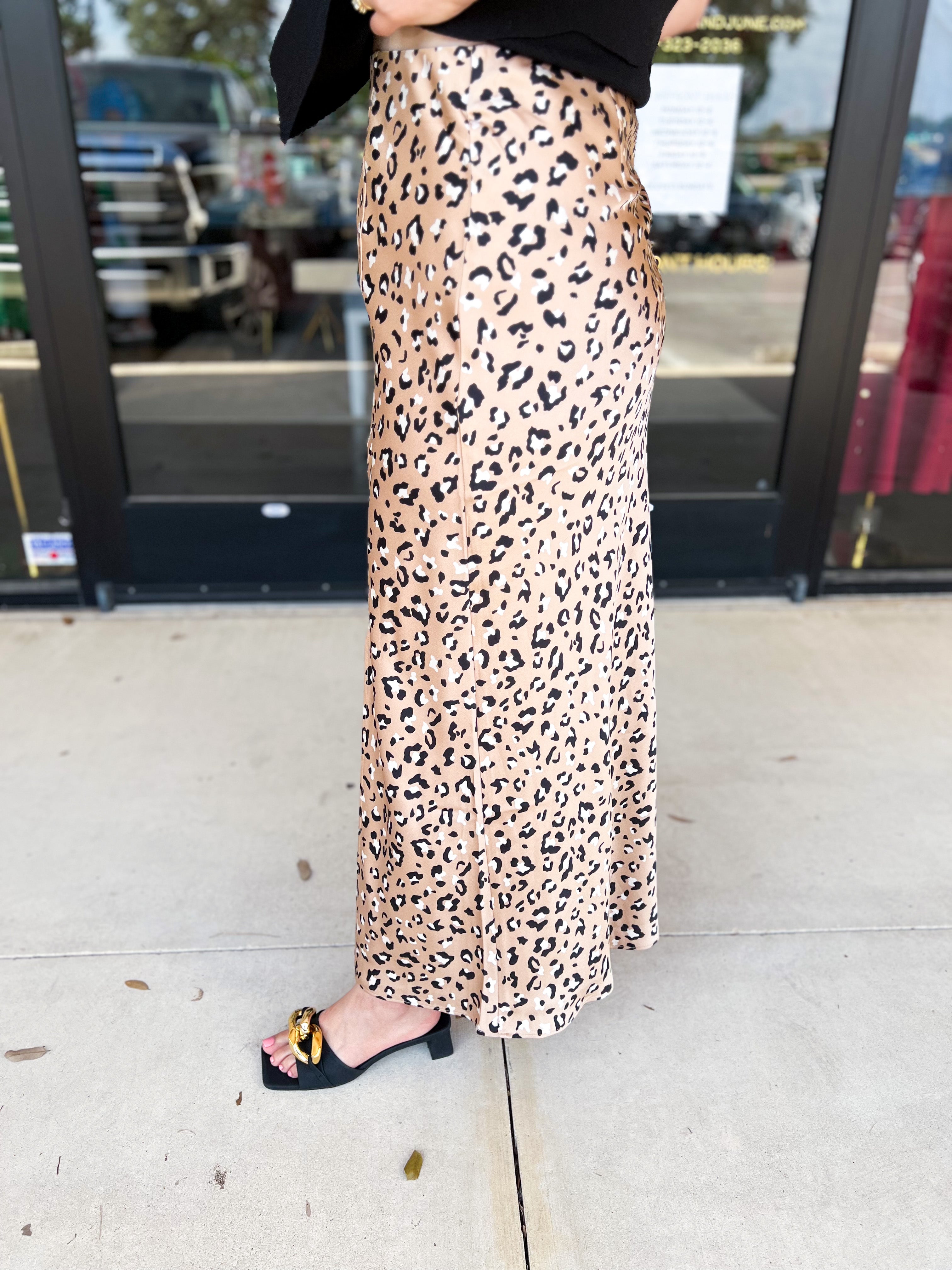 Cheetah Satin Midi Skirt-410 Shorts/Skirts-SKIES ARE BLUE-July & June Women's Fashion Boutique Located in San Antonio, Texas
