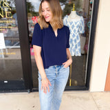 Classic V-Neck Blouse - Navy-200 Fashion Blouses-ENTRO-July & June Women's Fashion Boutique Located in San Antonio, Texas