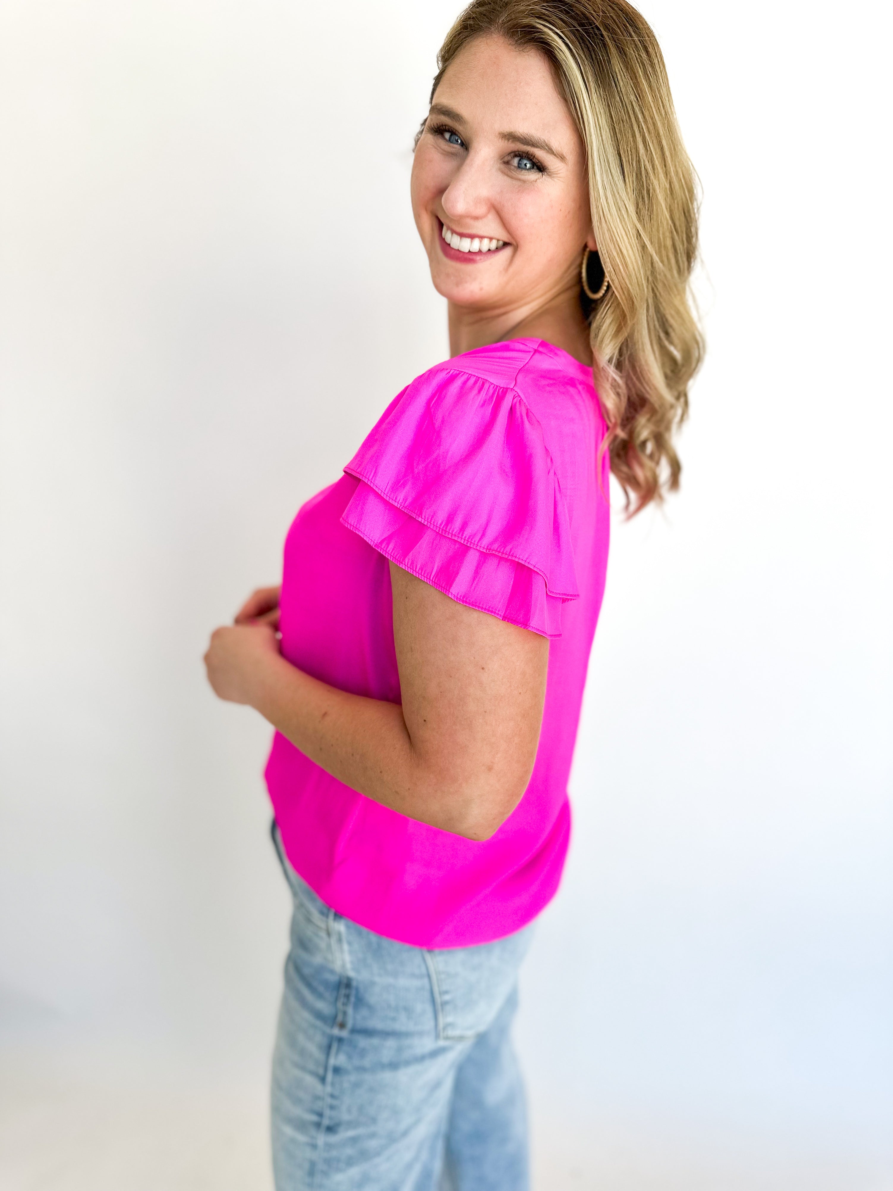 Flutter Sleeve Blouse - Pink-200 Fashion Blouses-SKIES ARE BLUE-July & June Women's Fashion Boutique Located in San Antonio, Texas