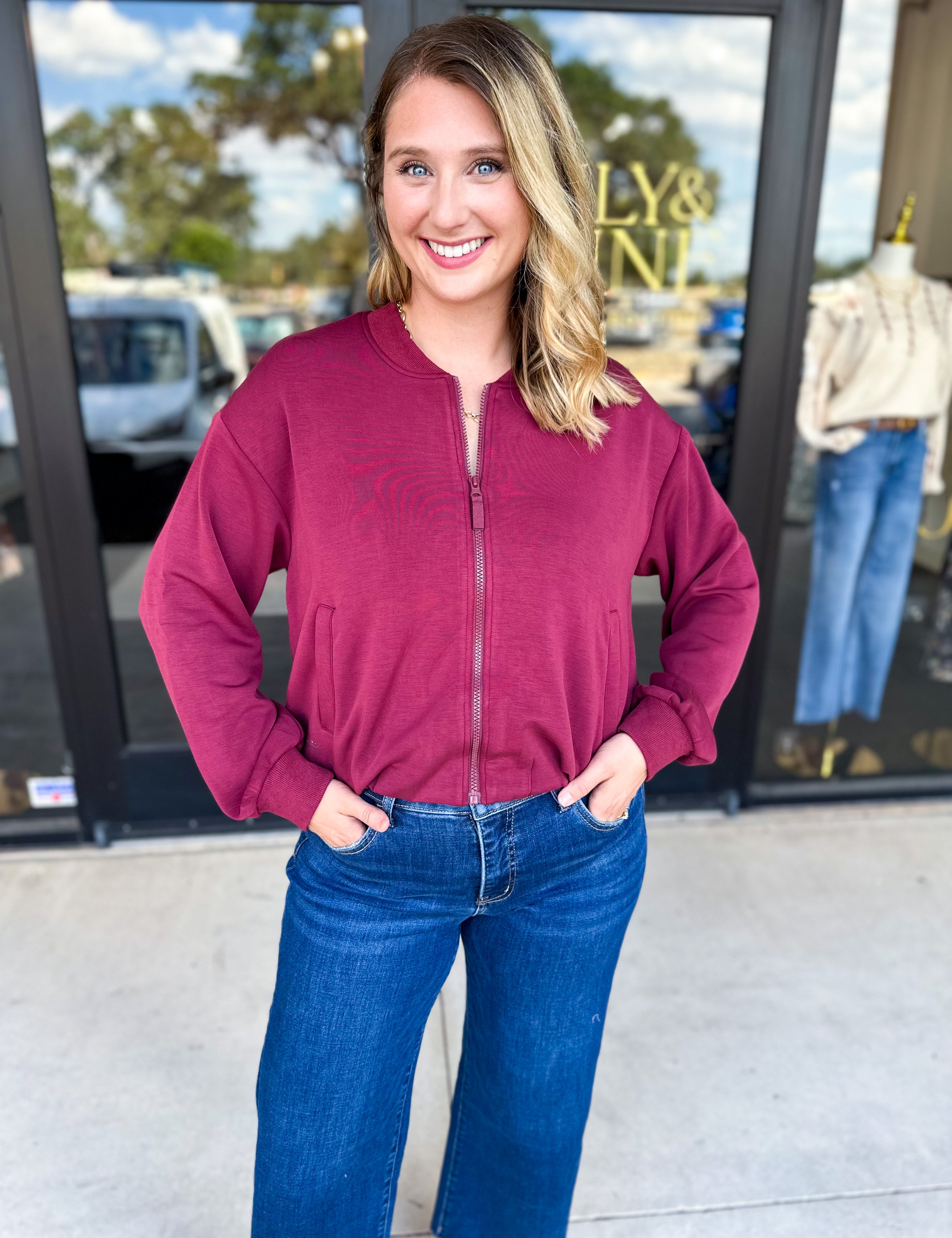 Soft Modal Bomber Jacket - Wine-300 Athleisure/Lounge-SKIES ARE BLUE-July & June Women's Fashion Boutique Located in San Antonio, Texas