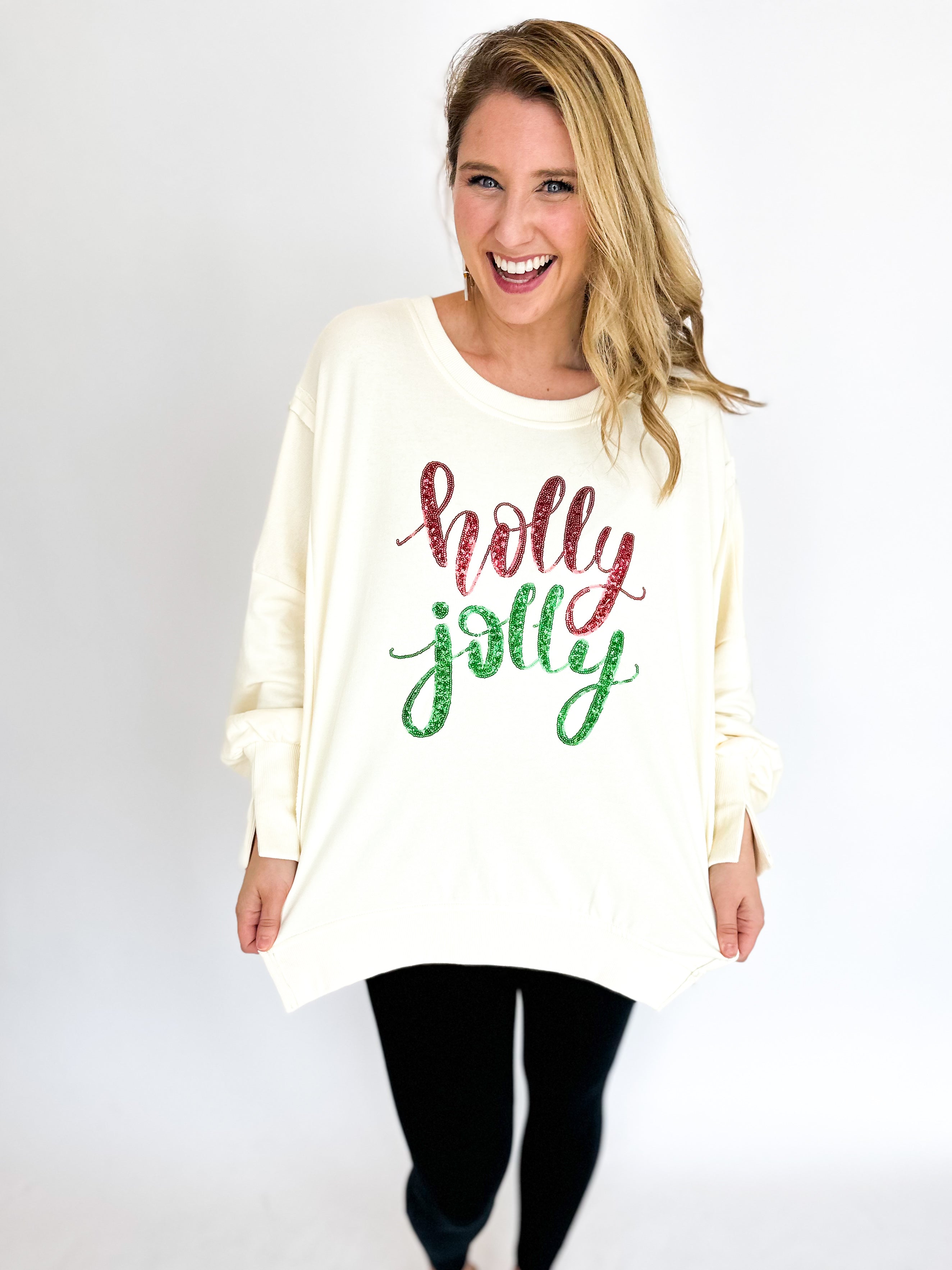 Holly Jolly Sequin Sweatshirt-230 Sweaters/Cardis-FANTASTIC FAWN-July & June Women's Fashion Boutique Located in San Antonio, Texas